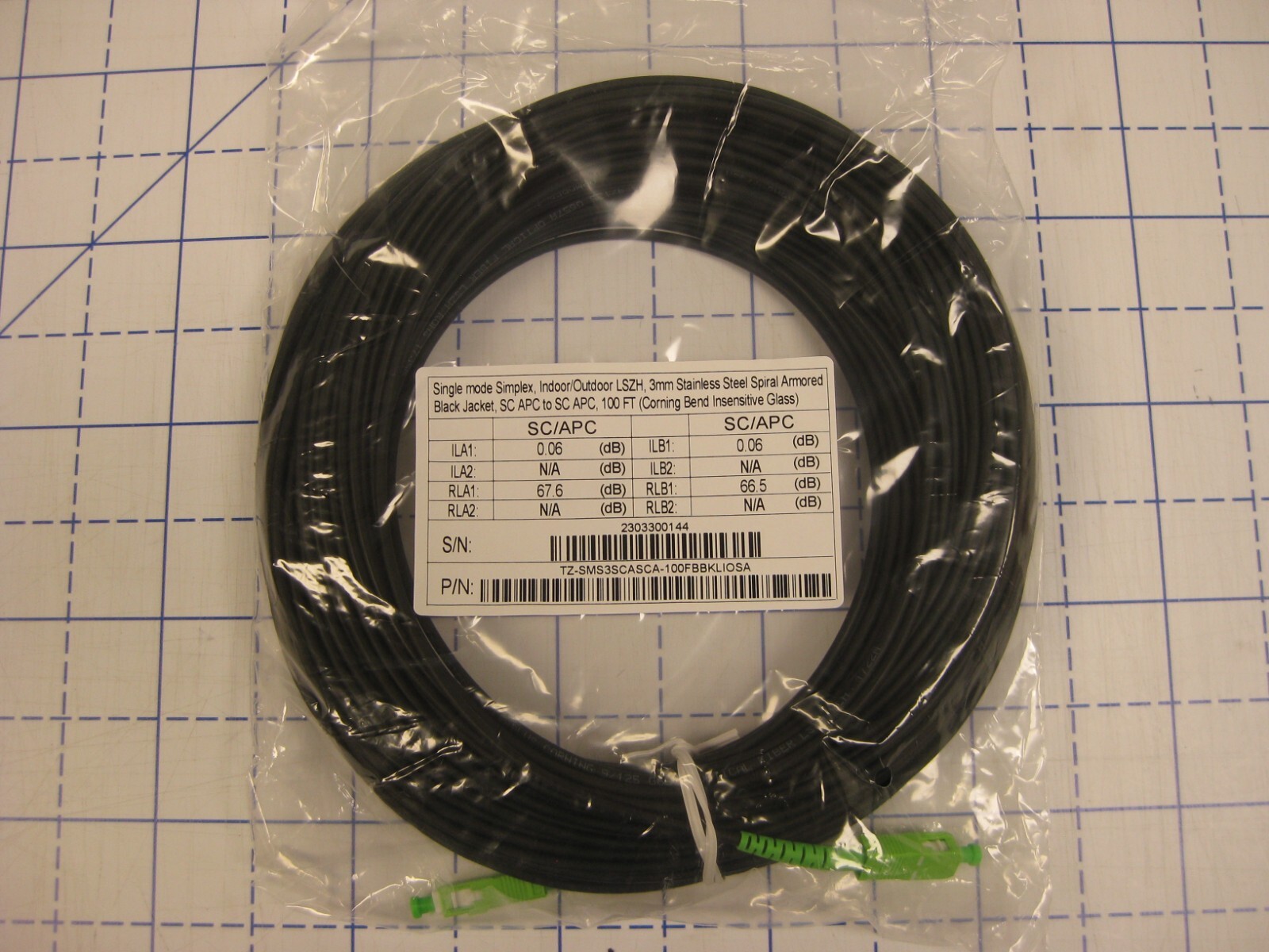 Indoor/Outdoor LSZH SC APC to SC APC, 100 ft 3mm Stainless Steel Spiral Armored