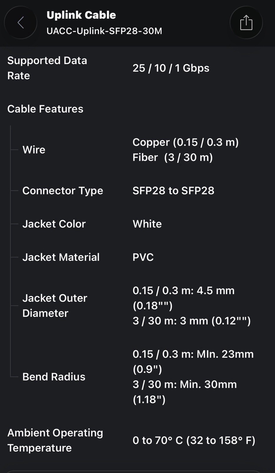 UniFi – Ubiquiti UACC-Uplink SFP28-30 SFP+ to SFP+ Direct Attach Fiber Cable 30M