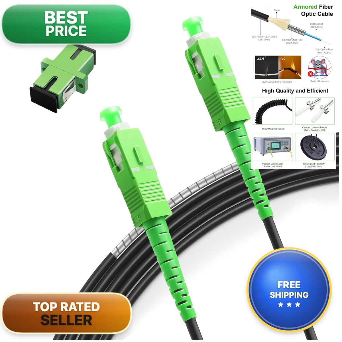 LUWWZLX 15M(49ft) Armored Fiber Optic Internet Cable SC/APC SC/APC Single-Mode