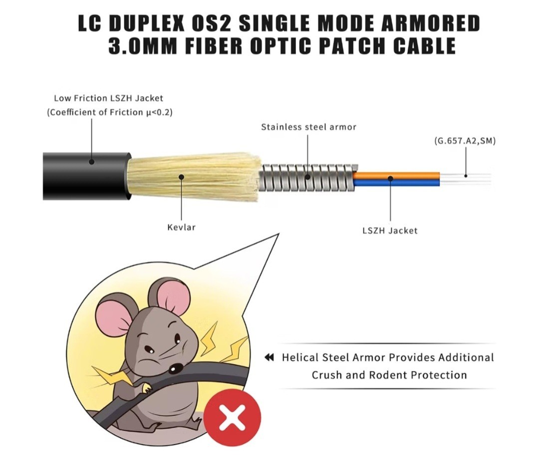 100ft/30m LC to LC Armored Outdoor Fiber Optic Cable, Single Mode Duplex…