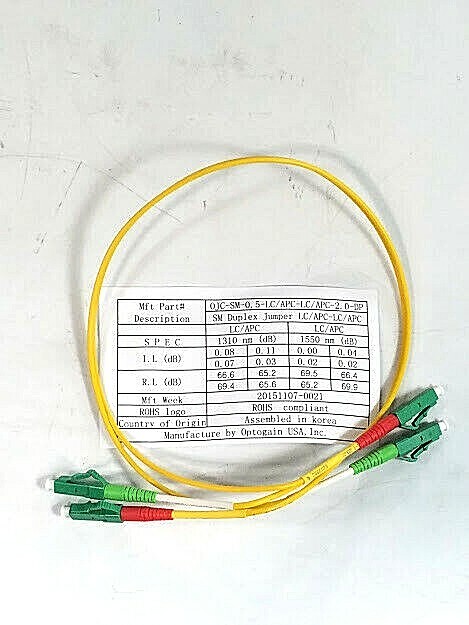 Optogain SM Dplx Jmpr,2.0mm, 0.5m; LC/APC-LC/APC; Part #0JC-SM-0.5-LC/APC-LC-DP