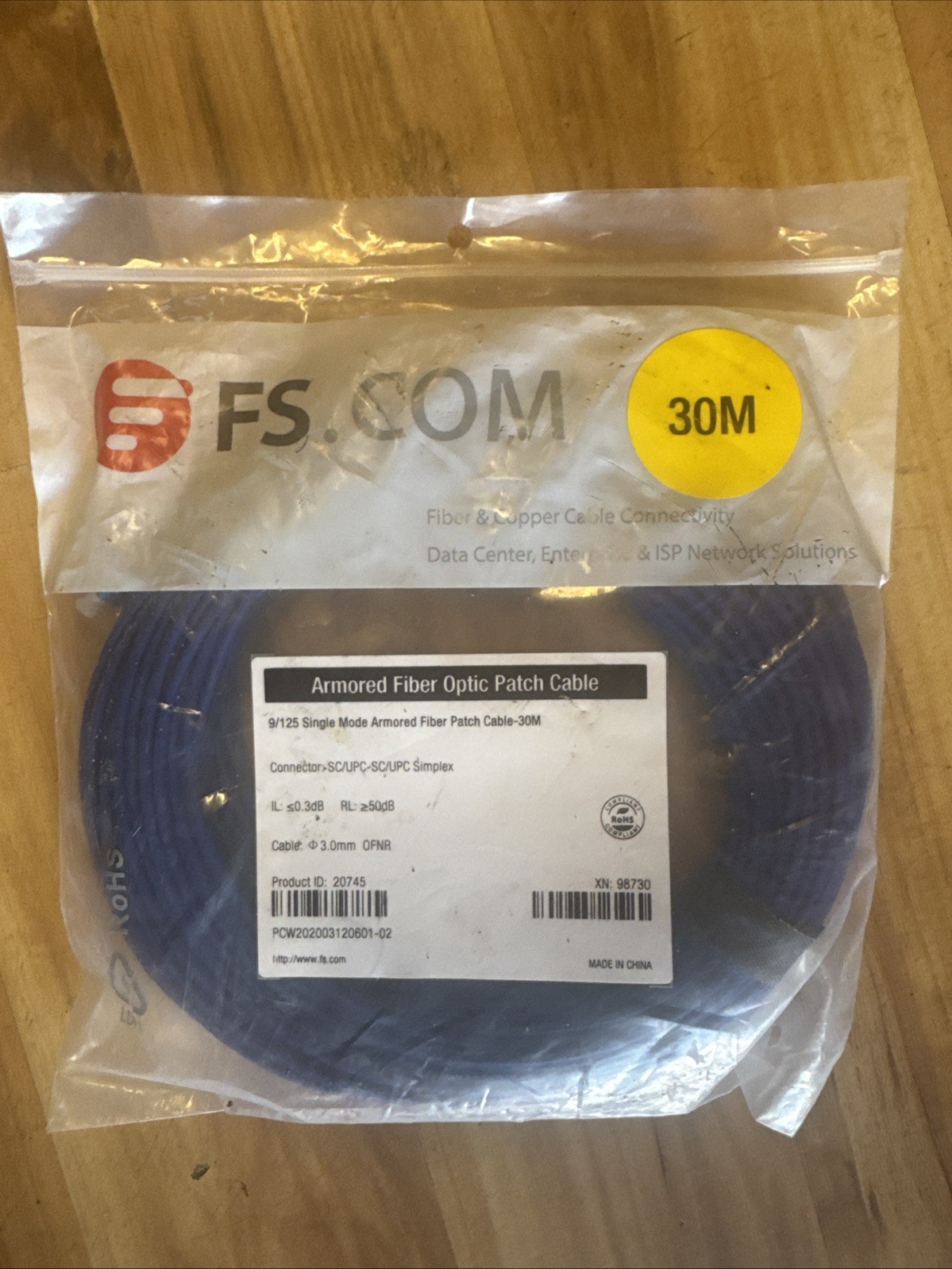 30m (98ft) LC UPC to LC UPC Duplex OS2 Single Mode Indoor Armored PVC (OFCR) 3.0