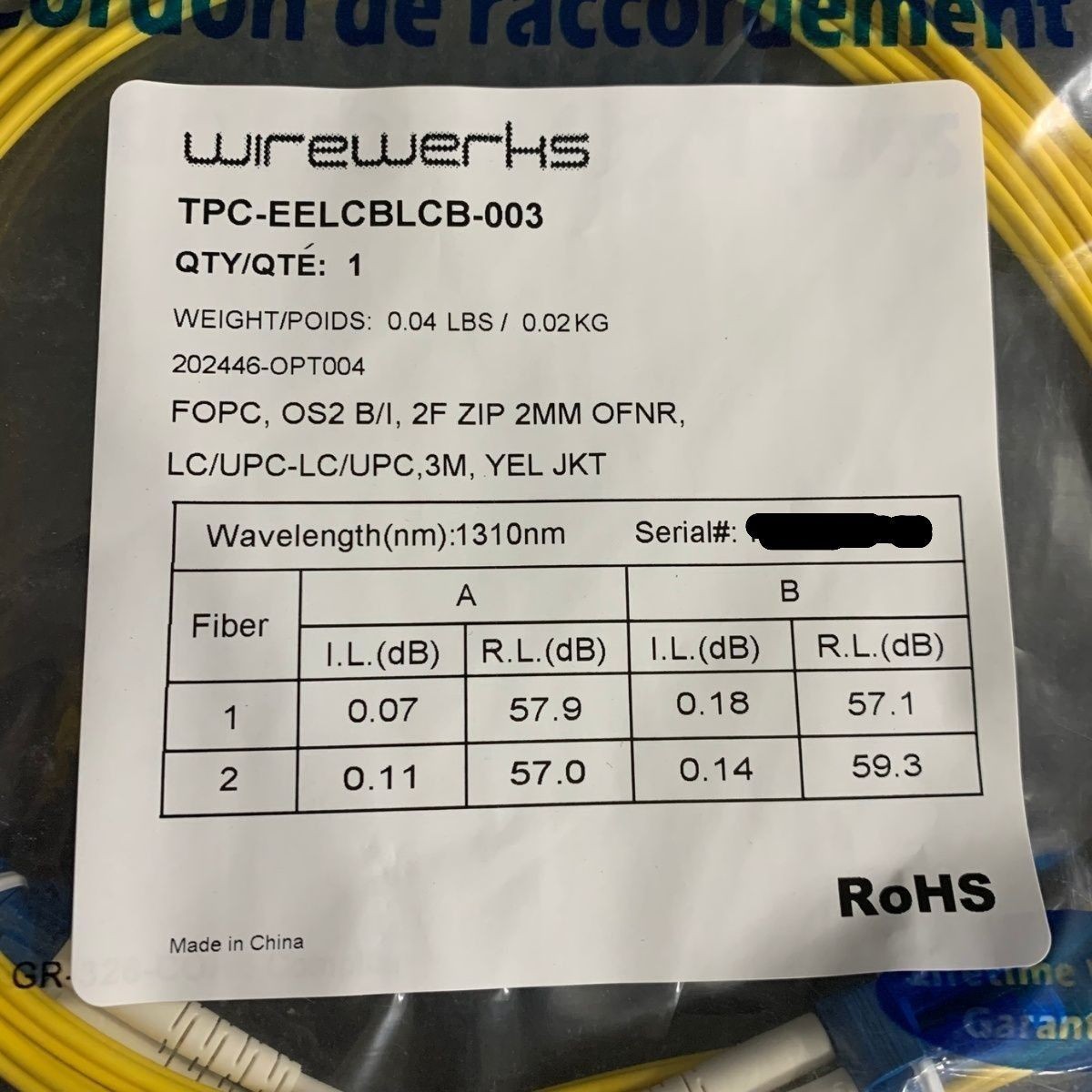 WIREWERKS Fiber Optic Patch Cord, Yellow TPC-EELCBLCB-003 Lot of 10