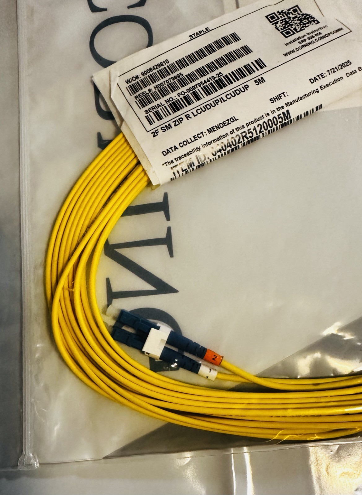 5X – Corning 040402R5120005M 5 Meter LC Duplex Fiber Optic Jumper Yellow (OS2)