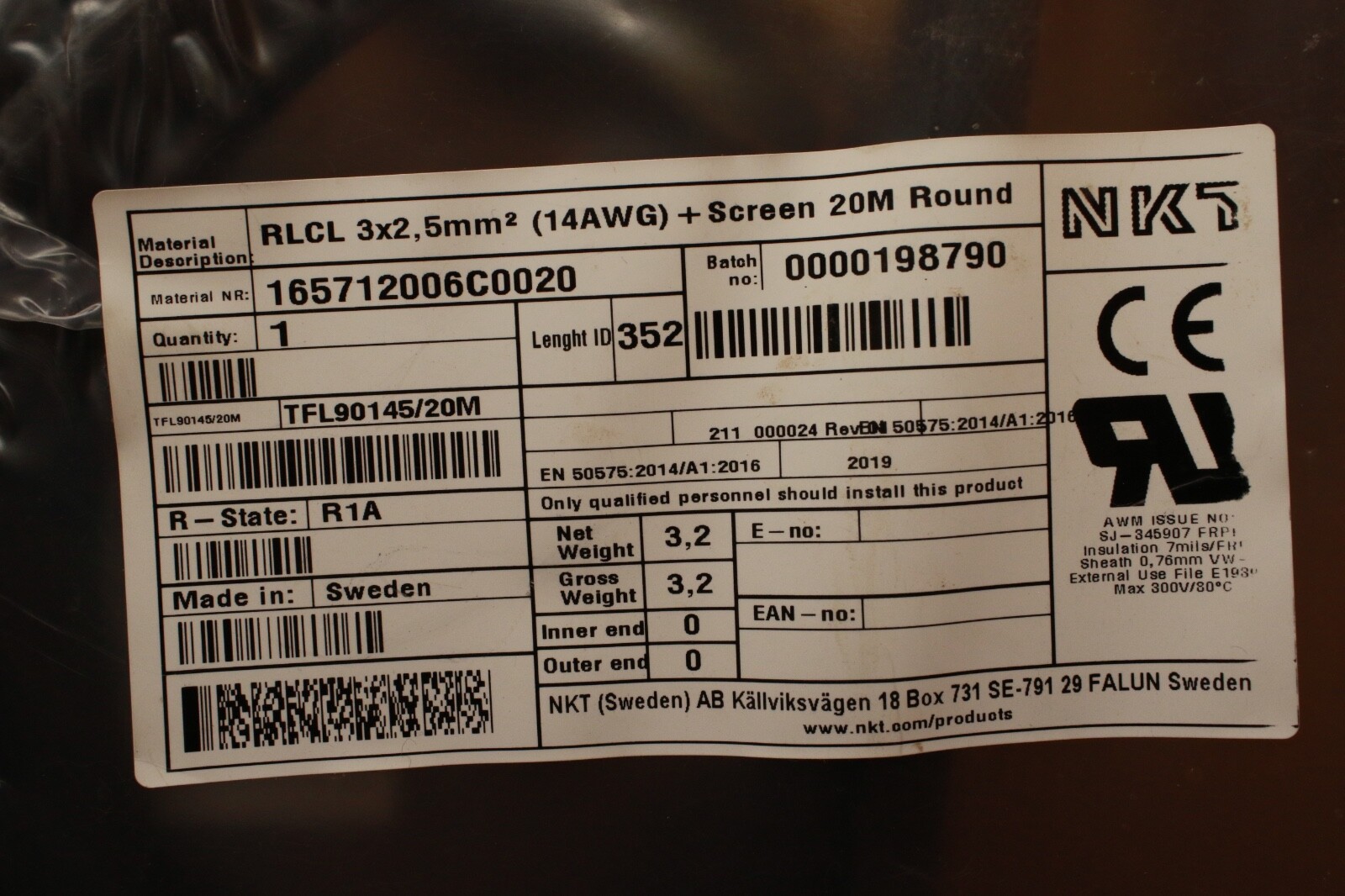 NKT TFL90145/20M Power Cable RLCL 3×2 5mm2 14AWG Screen 20M Round FREE SHIPPING