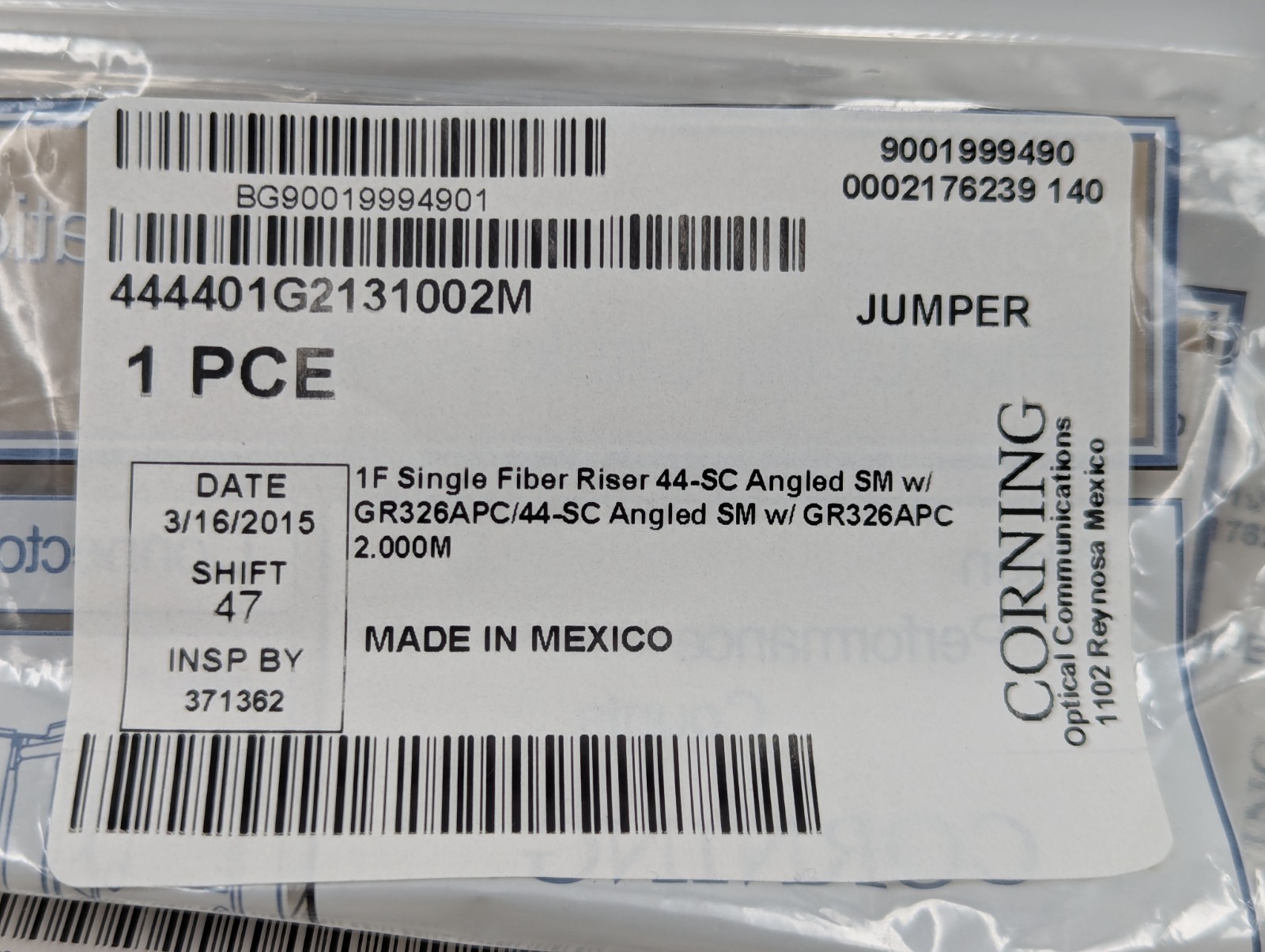 Corning Fiber Jumper Simplex Patch Cord Angled SM SC/APC Riser 2M New Lot of 5