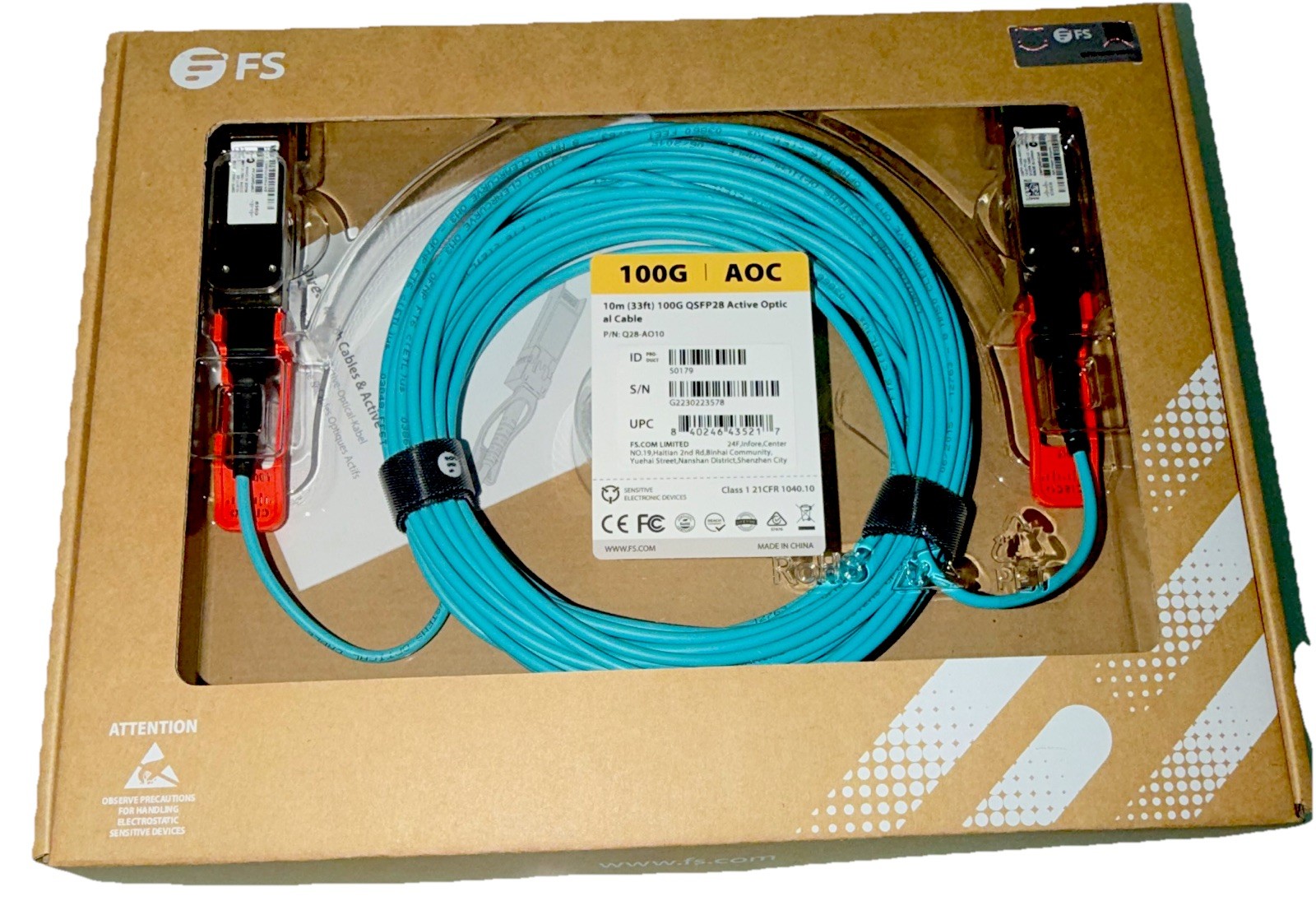 FS 100G QSFP28-QSFP28 AOC Multi-Mode Optical Network Cable 10m Blue