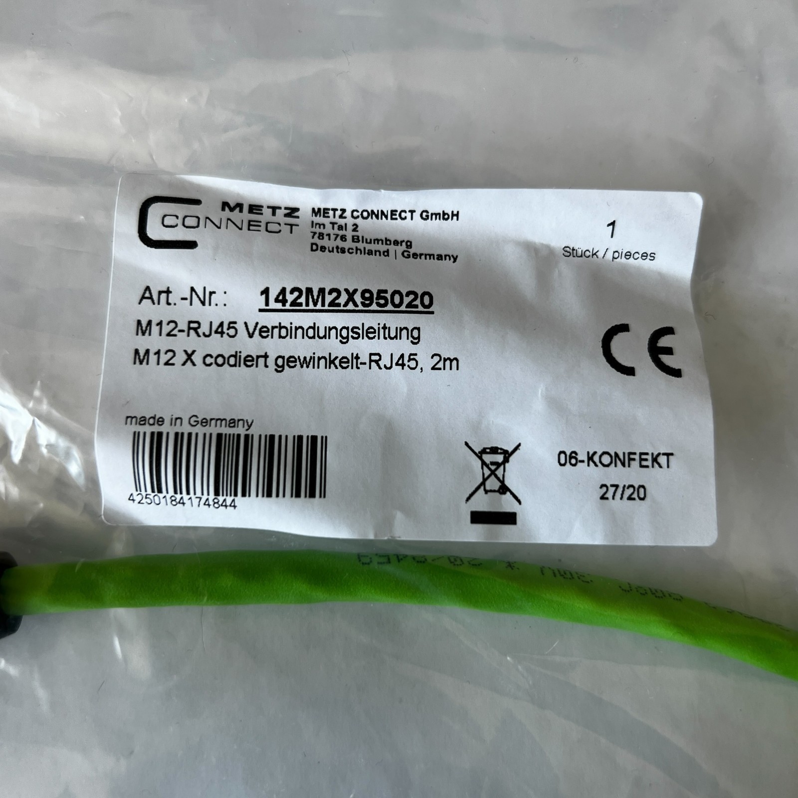 Metz Connect 142M2X95020 2m Cable Assembly – M12 to RJ45, 8 Conductors – USA