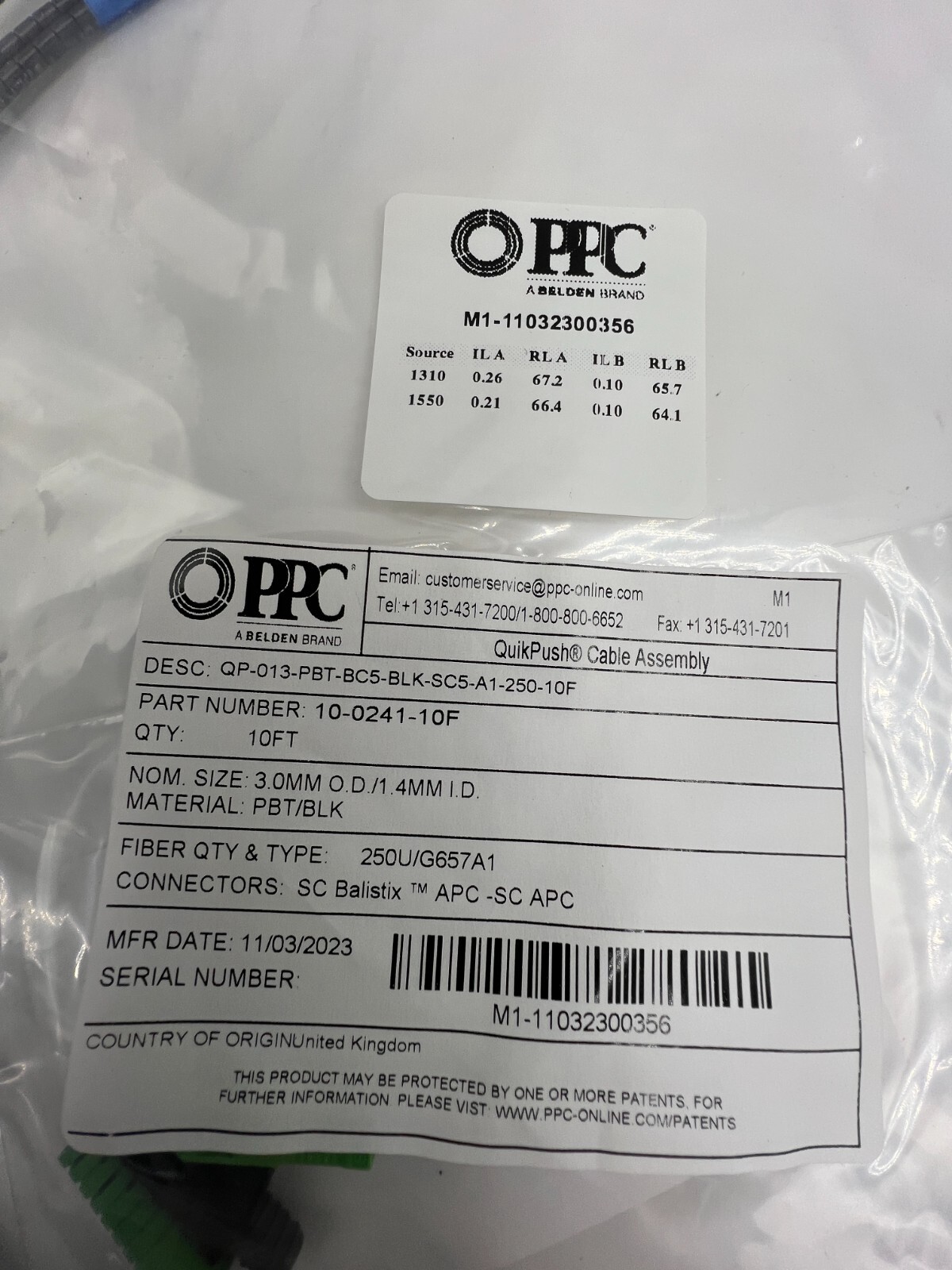 QTY 3 PPC 10FT Fiber QuikPush Cable Assembly 3mm SC APC Balistix 10-0241-10F