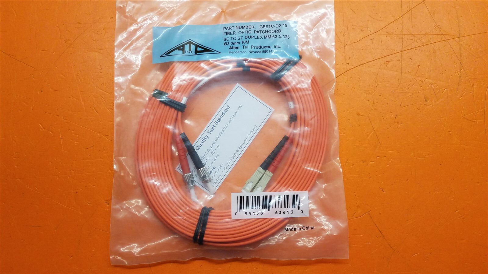 ⭐️⭐️⭐️⭐️⭐️ Allen Tel 10M SC/ST Duplex 62.5/125 Fiber Optic Patchcord GBSTC-D2-10