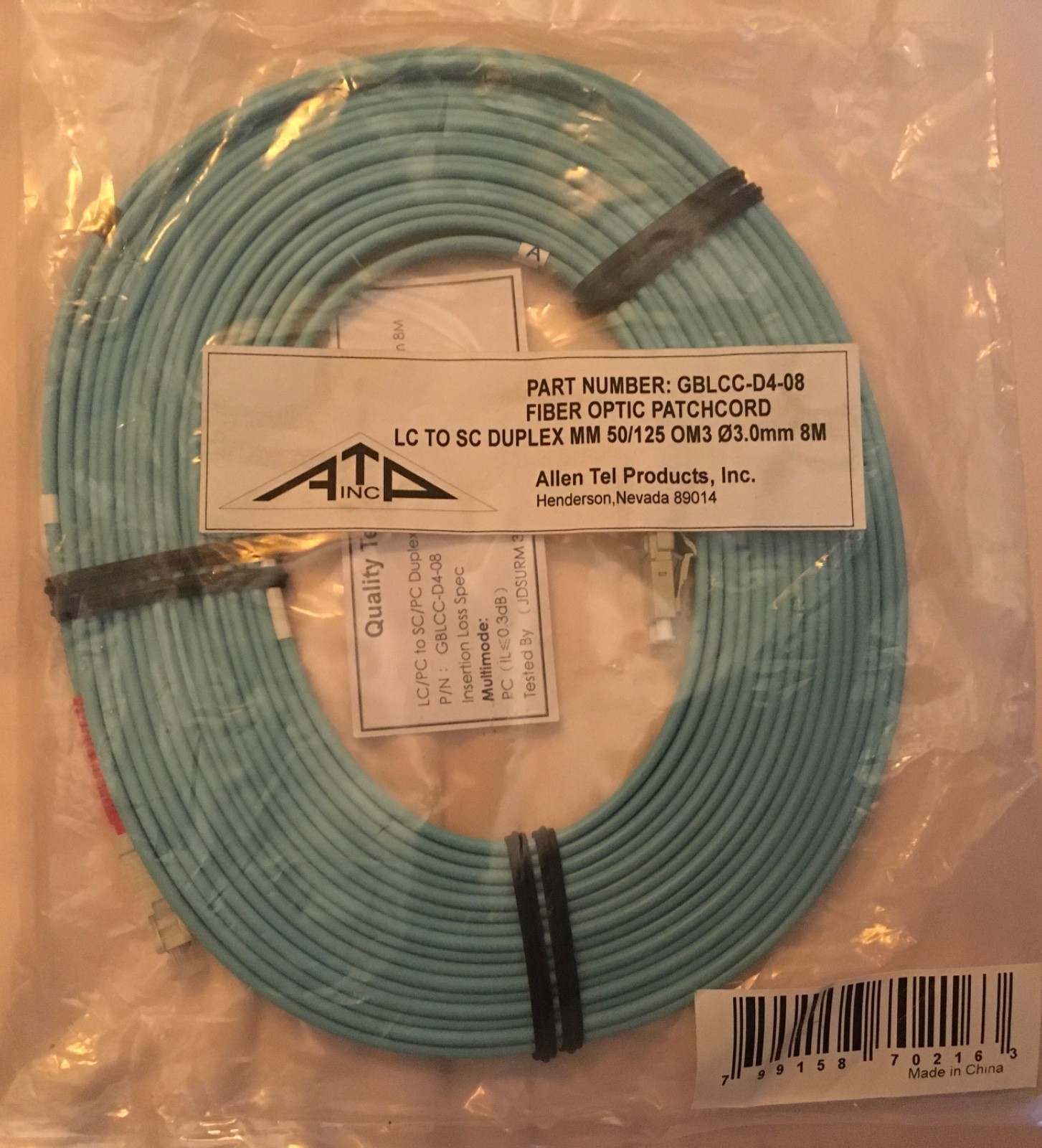 Allen Tel LC to SC Duplex MM 50/125 Fiber Patch Cord,1.6 mm Duplex, OM3 3.0mm 8M