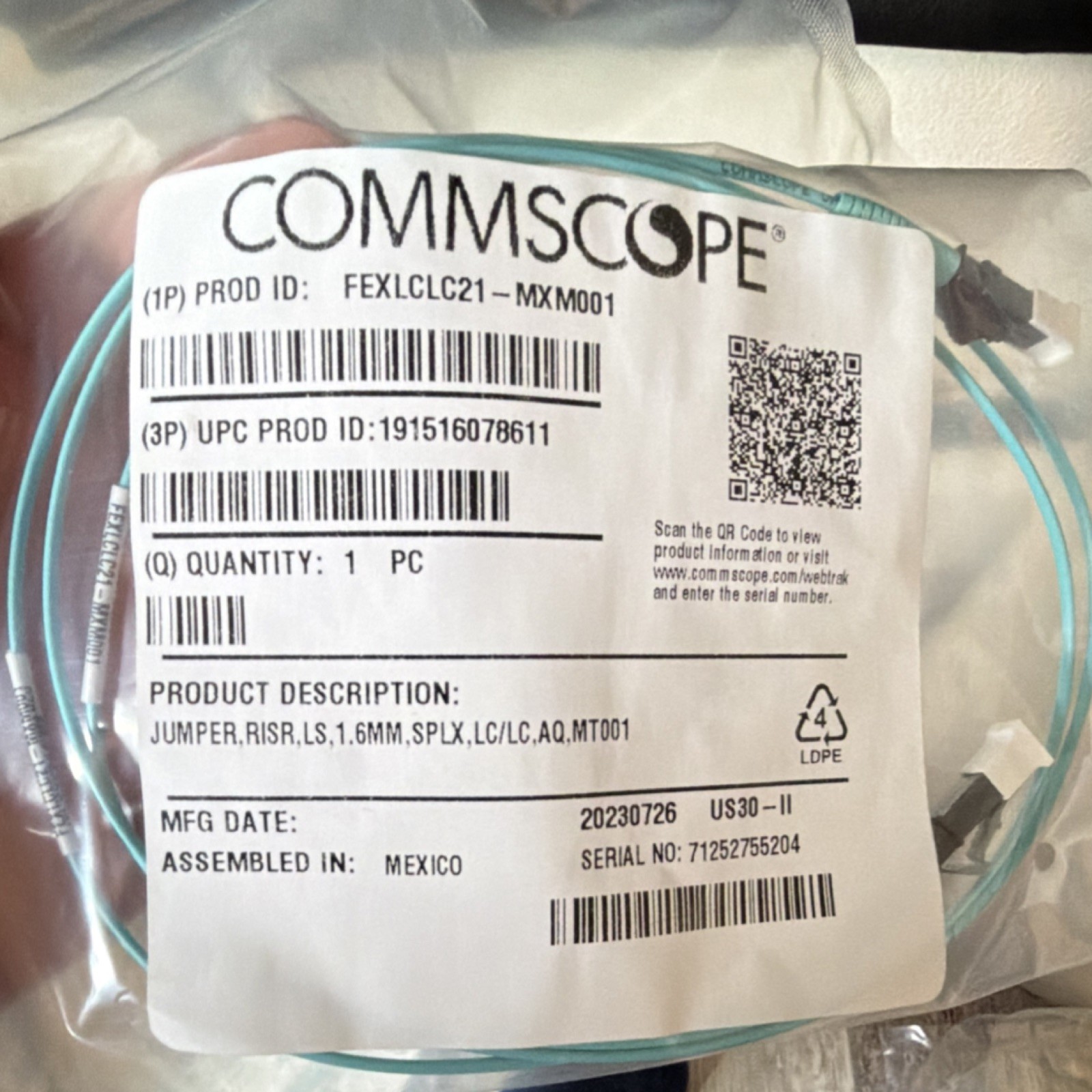 SET OF 9 CommScope Simplex LC-LC Aqua Optical Network Cable FEXLCLC21-MXM001