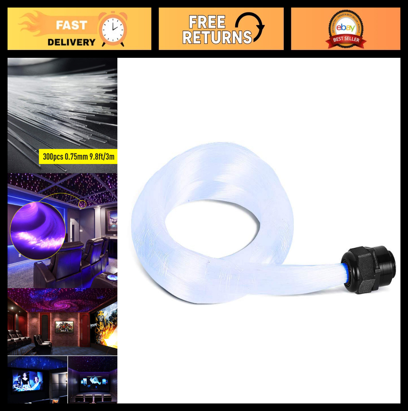 9.8ft Fiber Optic Cable 300pcs 0.03in Plastic End Glow for Star Ceiling Lights