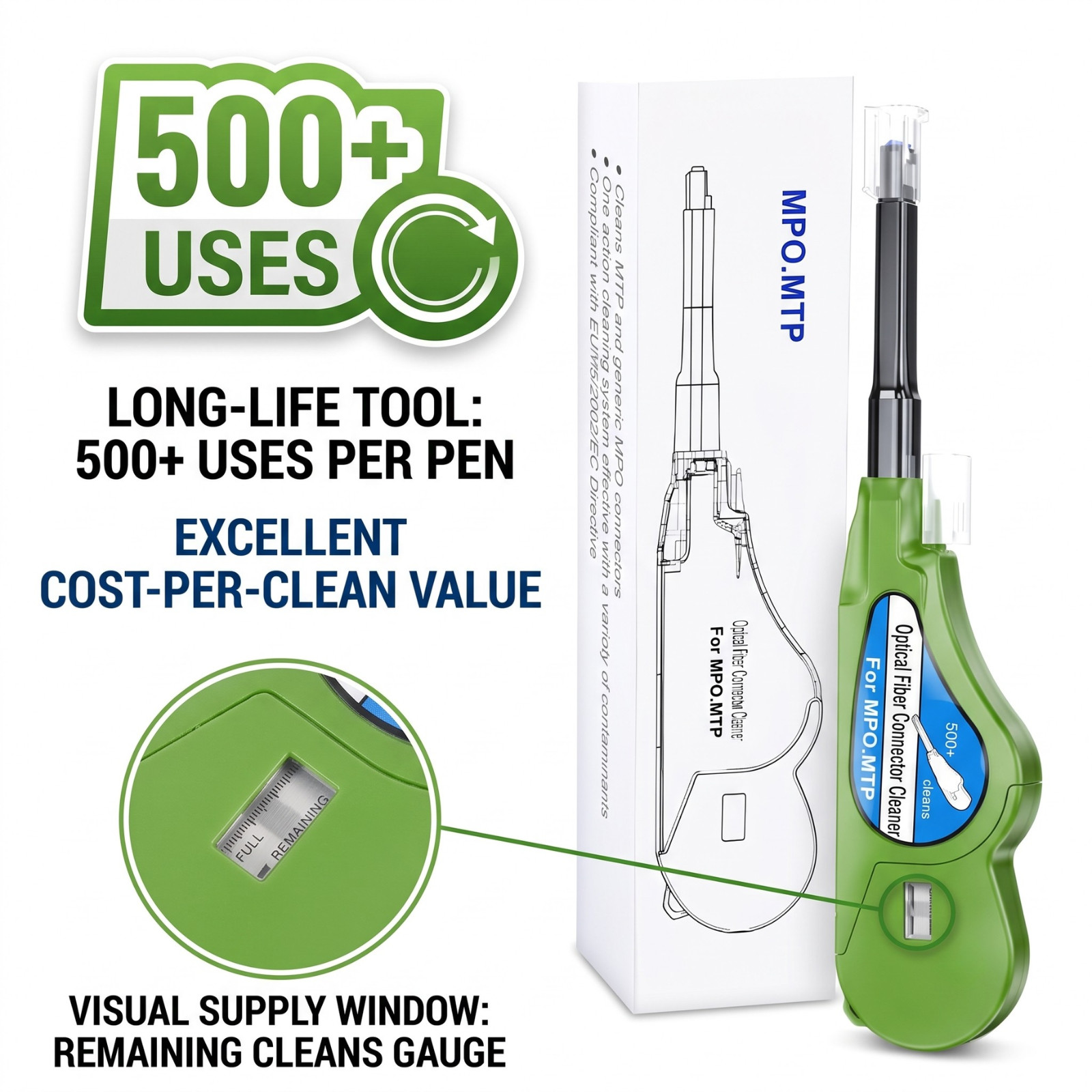 One Click Optic Fiber Cleaner for MPO/MTP Connectors 500+ Cleans Quickly Clean