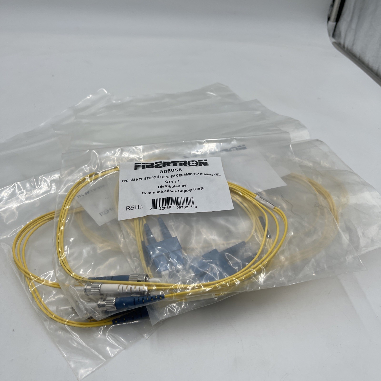 8 QTY FIBERTRON 808058 Fiber Optic Ceramic Zip Patch Cable 2mm Yellow