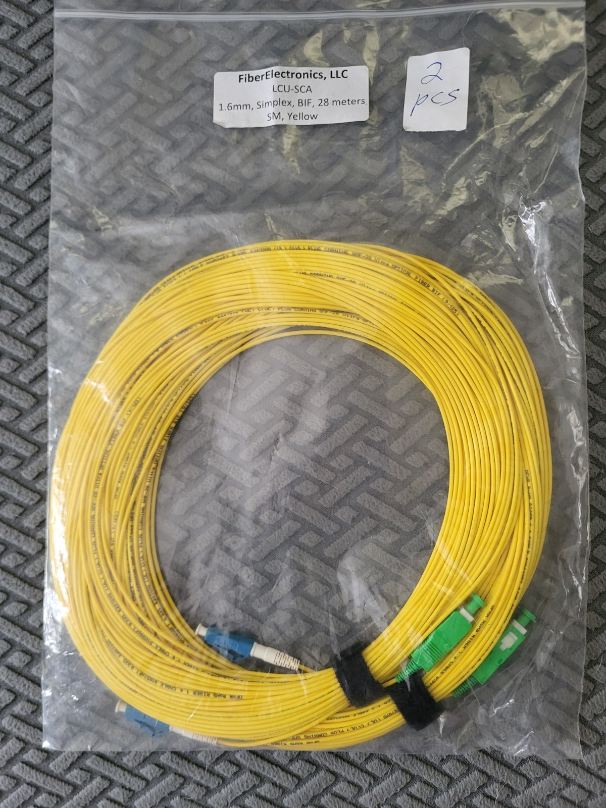 (2) FiberElectronics LCU-SCA 1.6mm Simplex BIF 28 meters SM YELLOW