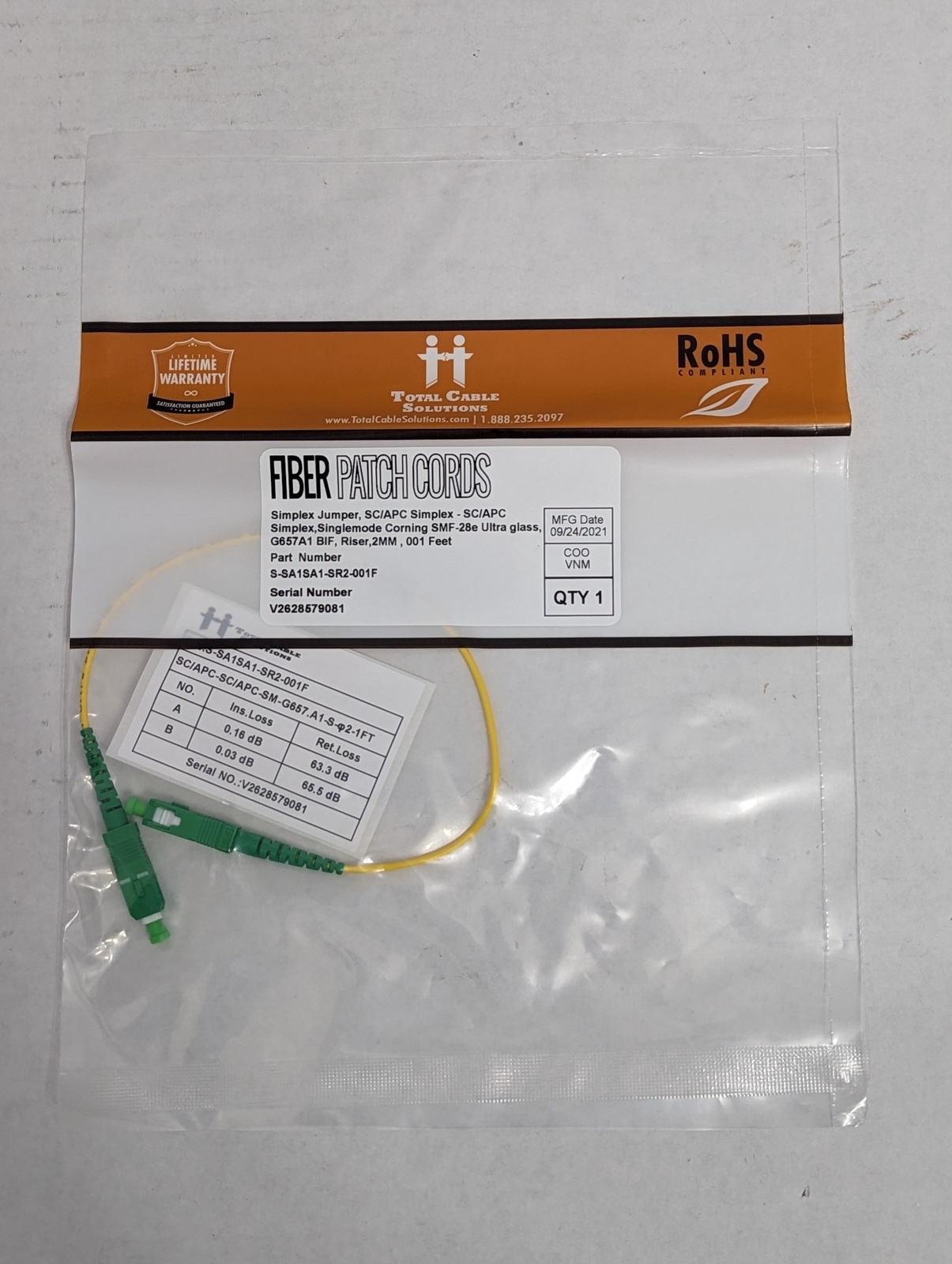 Lot of 10 Fiber Optic Jumper SC/APC to SC/APC Single Mode OS2 1FT Corning Glass