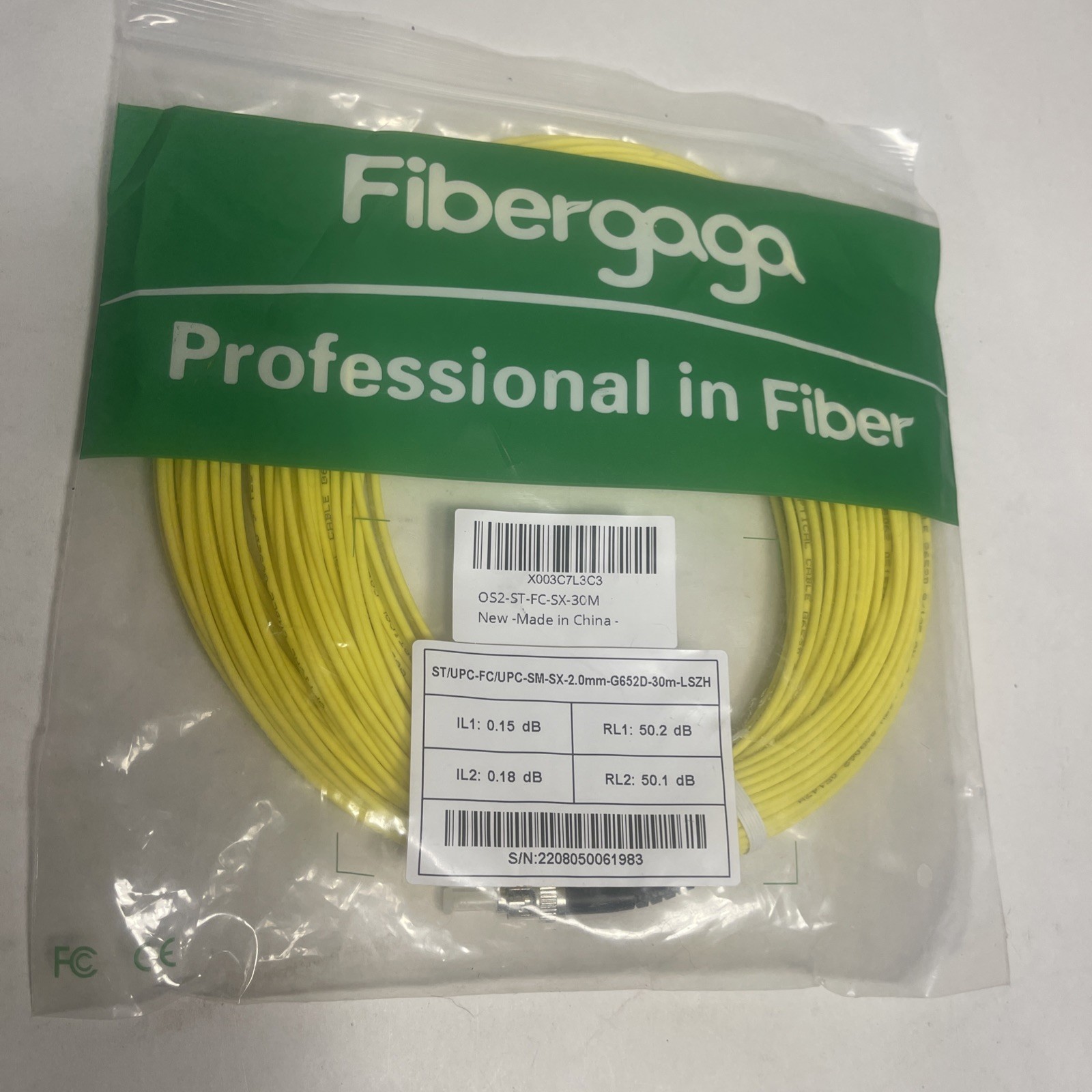 Fibergaga 2.mm Fiber Optic Patch Cable Simplex 30m / 98ft (11c