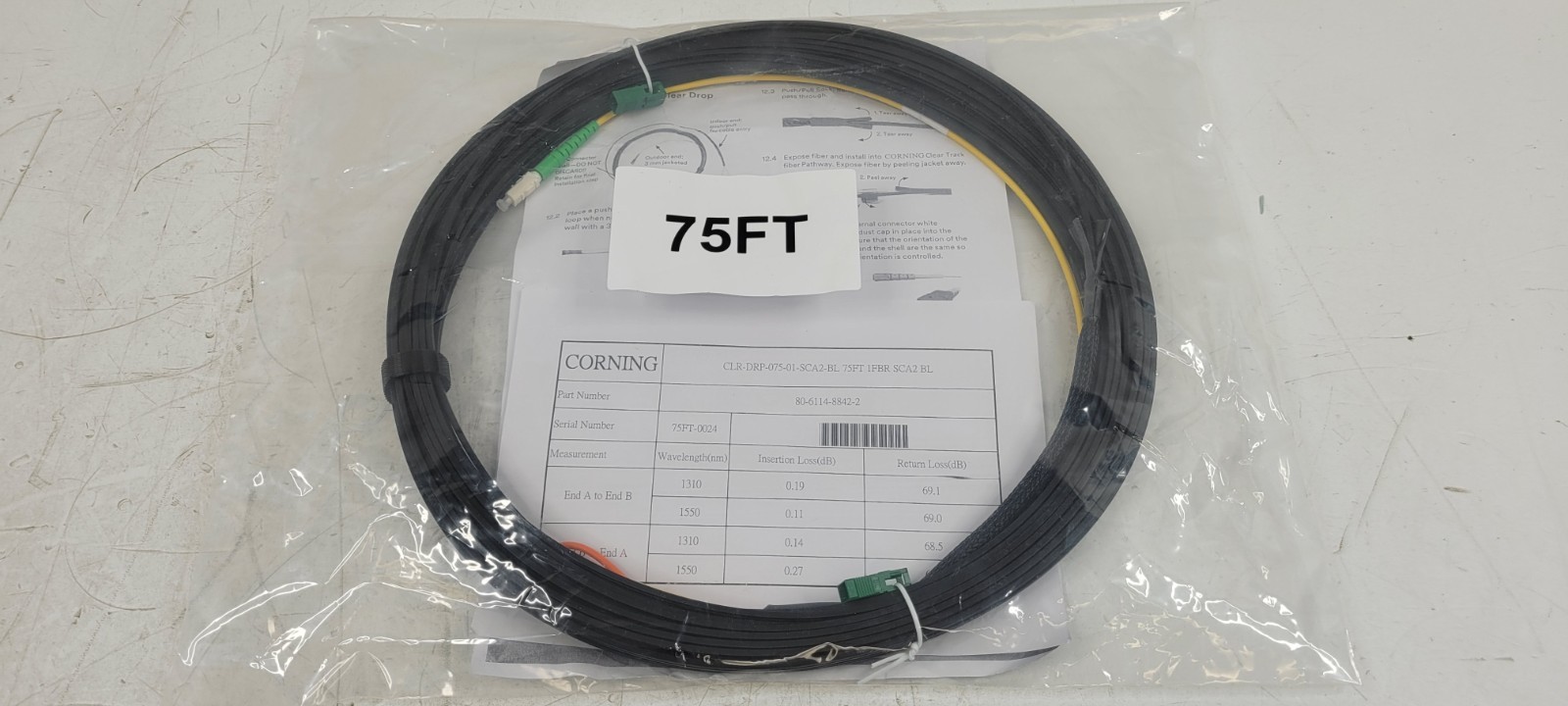 (QTY. 15) CORNING 3M Clear Fiber Drop Patch Cord SF SC/APC 75FT BLACK NEW
