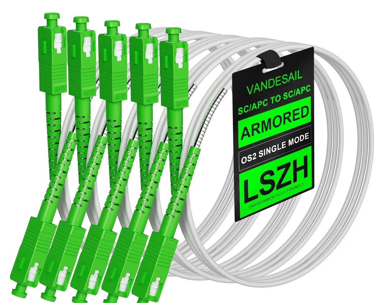 VANDESAIL Armored White Fiber Optic Cable 5M(16ft) , SC/APC to SC/APC LSZH