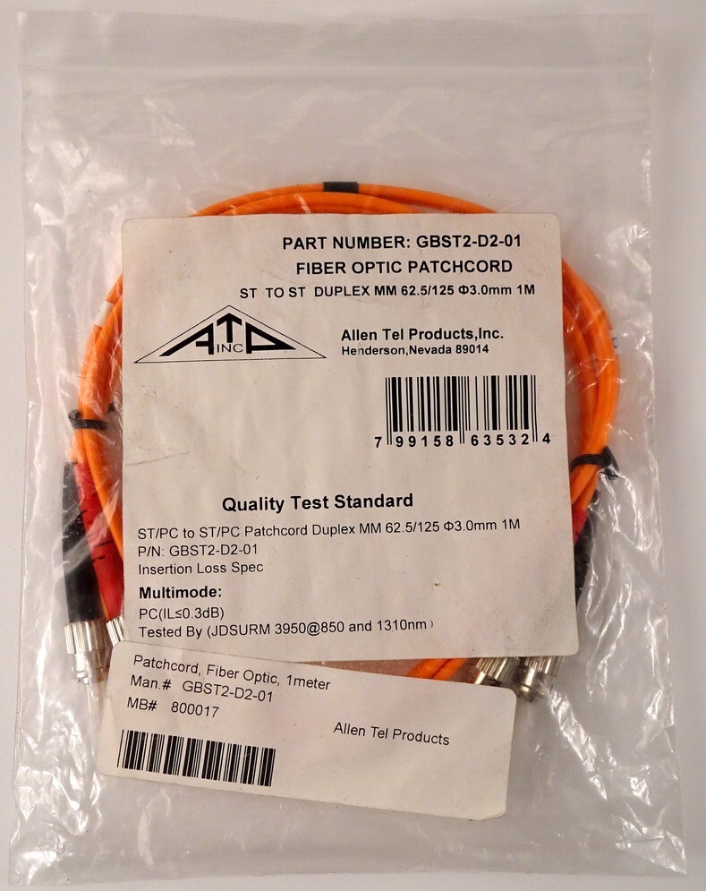 Allen Tel GBST2-D2-01 Duplex ST to ST Fiber Optic Patch Cord, Multimode 1m, New