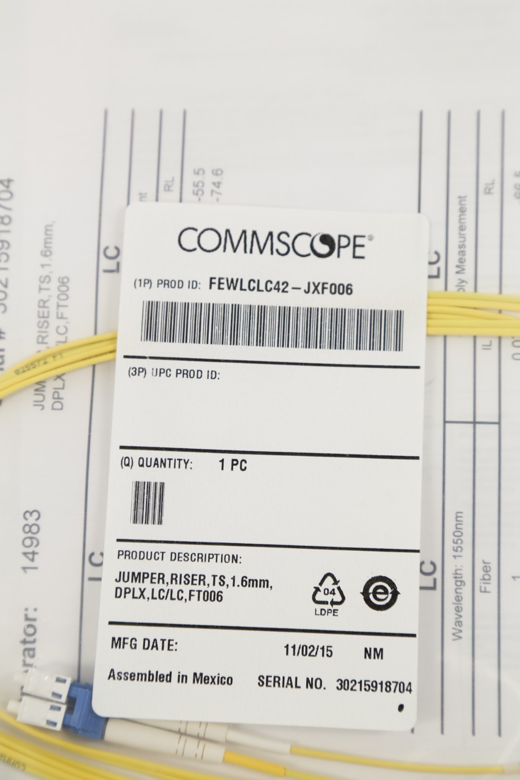 LOT of 4 Commscope FEWLCLC42-JXF006 Duplex LC to LC 6FT 1.6mm Fiber Patch Cables