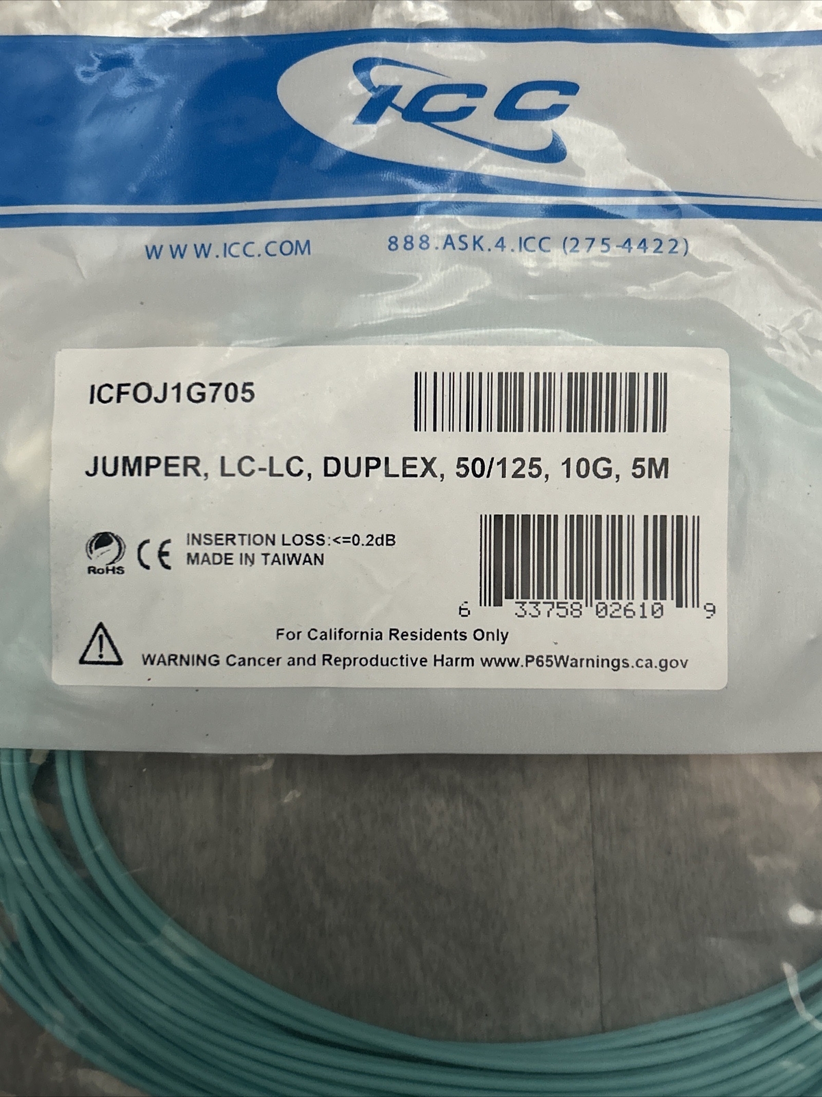 Pack of 8 ICC ICFOJ1G705 LC-LC Duplex OM3 50/125 10G Fiber Patch Cable 5M NEW