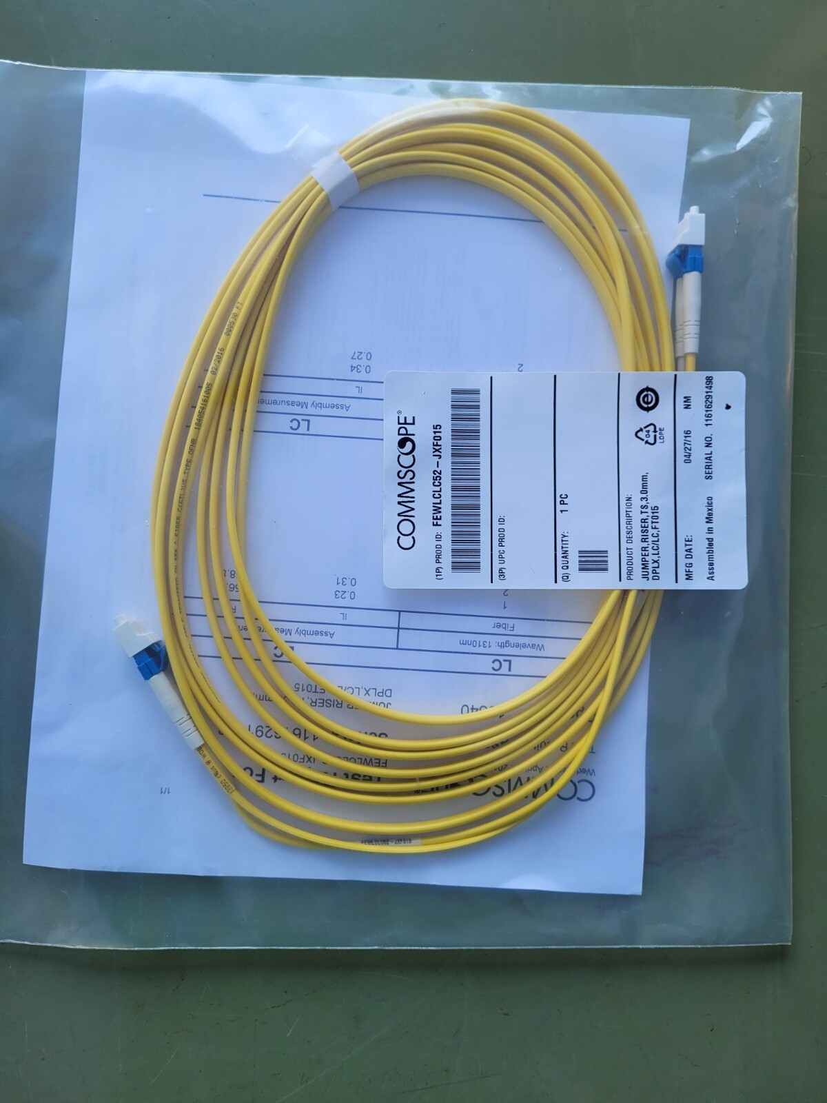 New FEWLCLC52-JXF015 Duplex LC to LC 15FT 3.0 Mm Fiber Patch Cable w/ Test Data