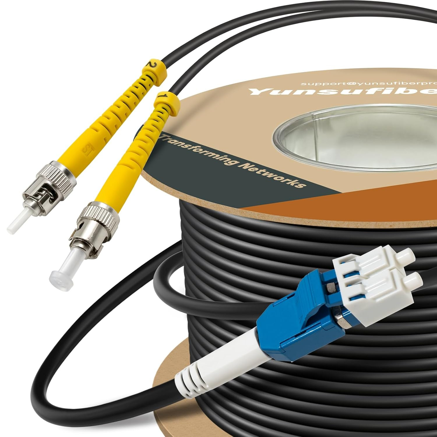 330Ft Armored LC to ST Single Mode Fiber Cable, Duplex 9/125um, Black