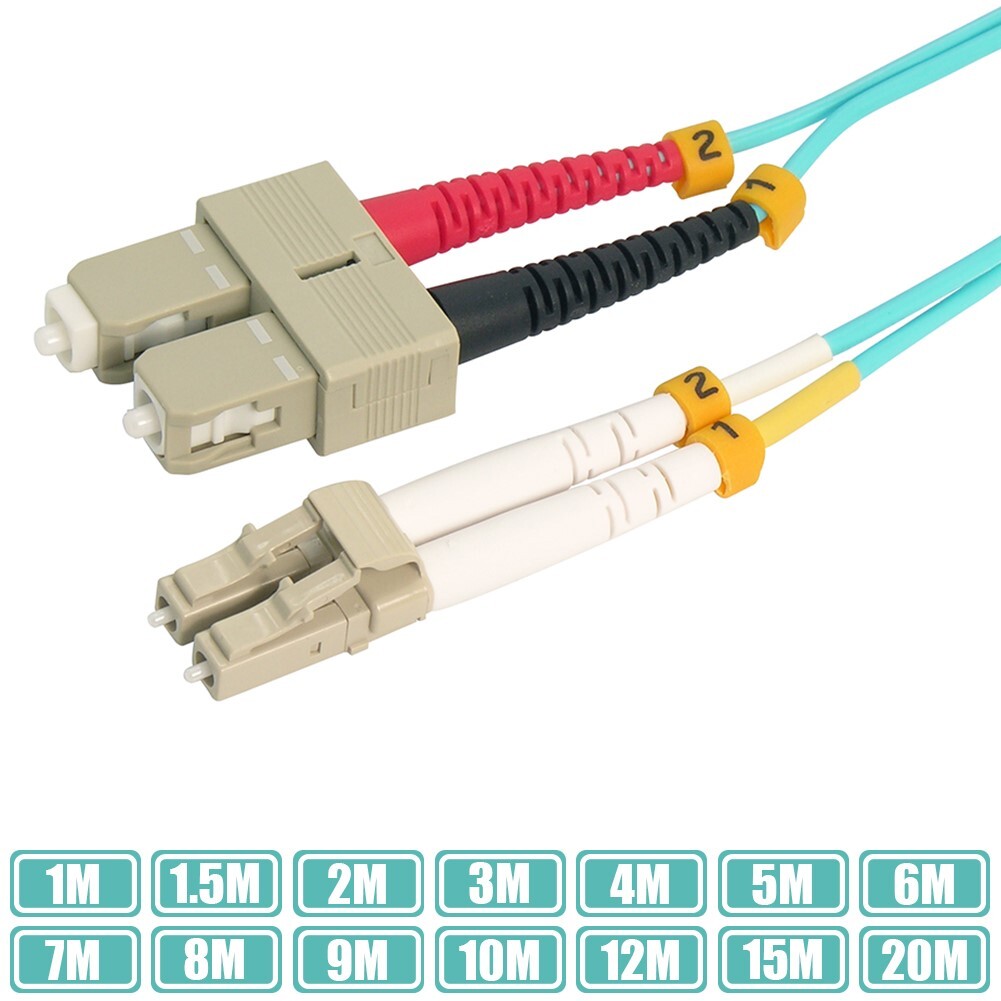 1-20M LC UPC to SC UPC OM4 Fiber Optic Multi Mode Duplex 50/125 Patch Cable Aqua