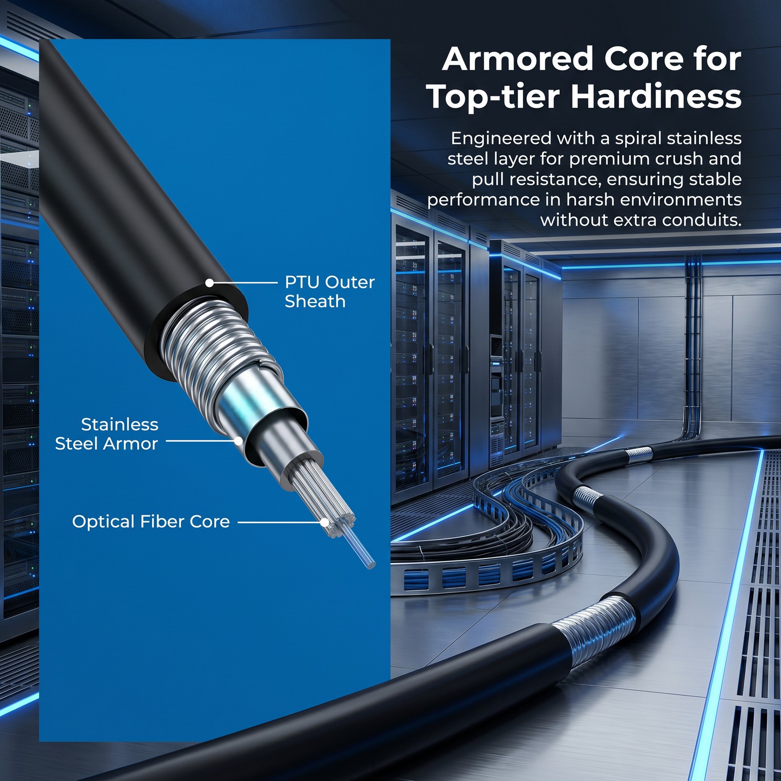 OS2 LC to LC Duplex Single Mode Outdoor Armored Fiber Patch Cable, TPU 30M-150M