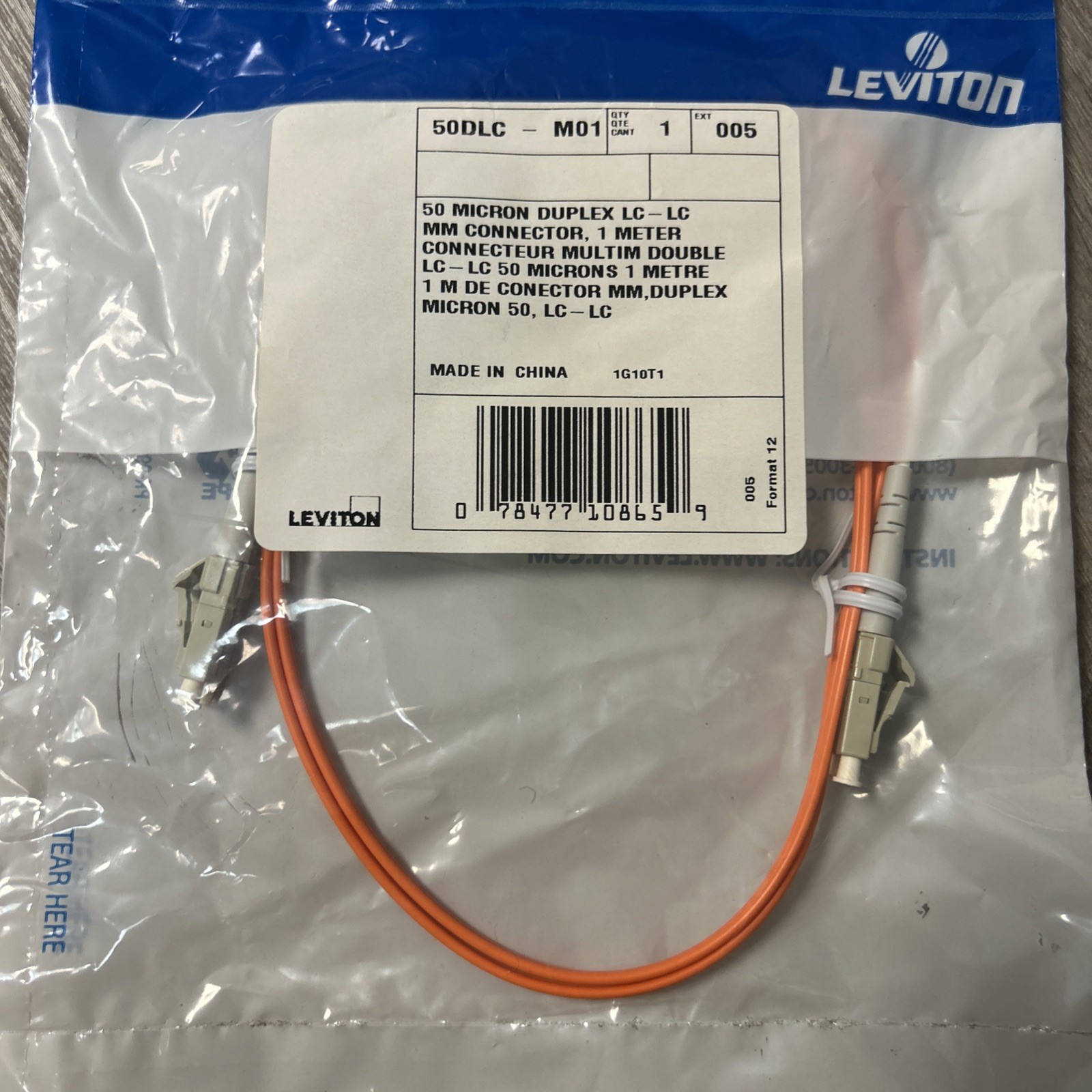 Leviton 50DLC-M01 Fiber Patch Cord, 50 Micron Duplex LC-LC 1 Meter