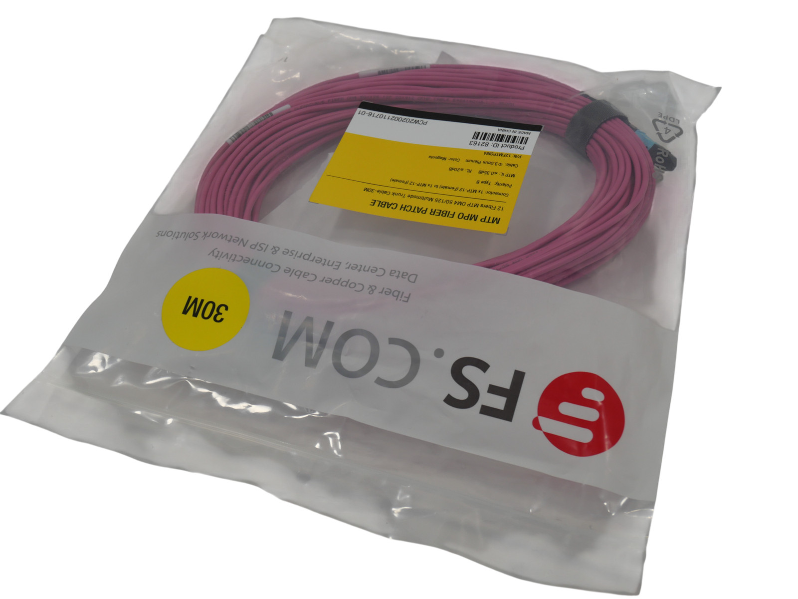 FS MTP/MPO Fiber Patch Cable 12 Fibers OM4 50/125 Multi Mode Trunk Cable 30M