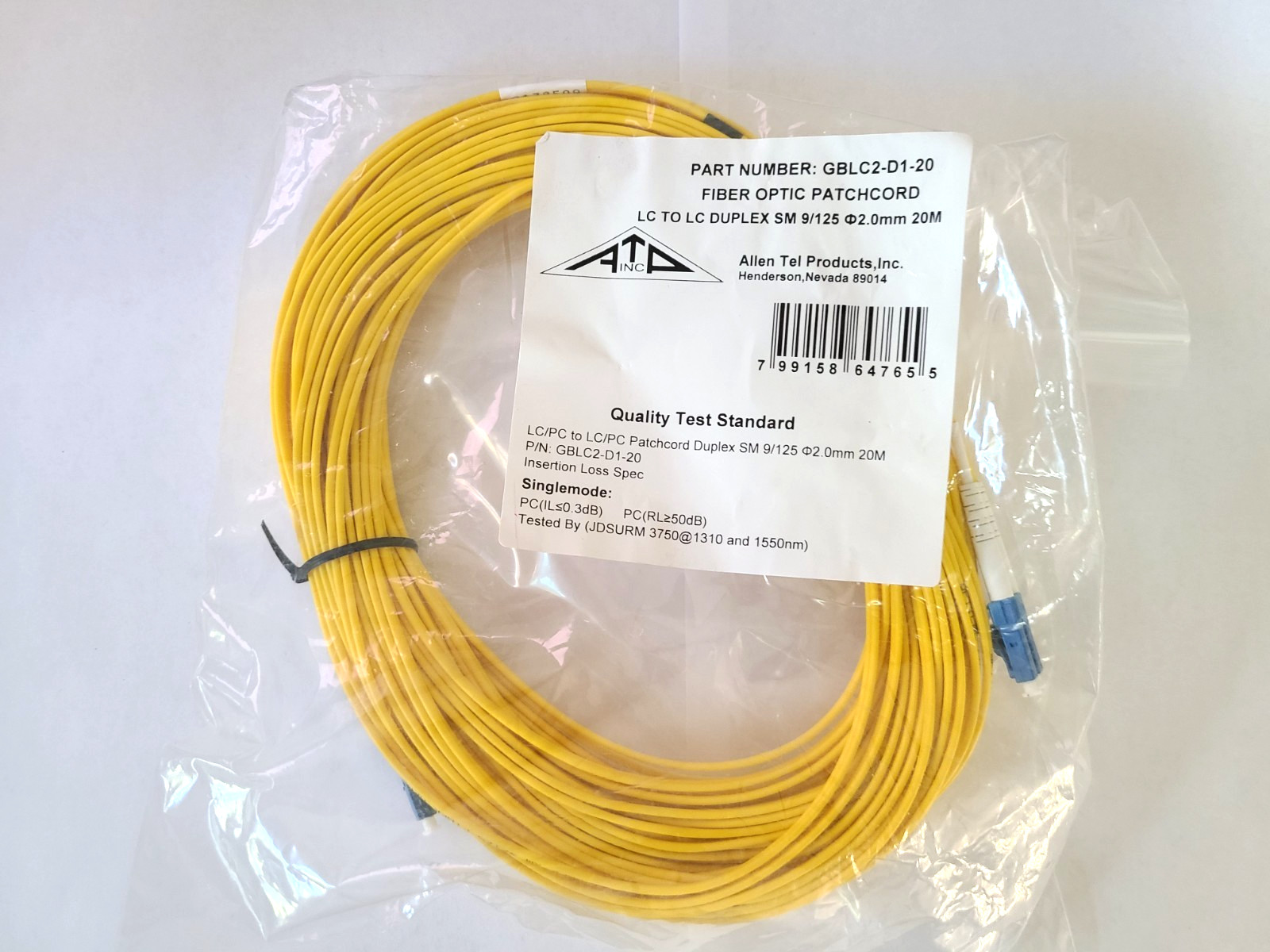 Allen Tel GBLC2-D1-20 Fiber Patch Cable (LC to LC, Single-mode) – 20m