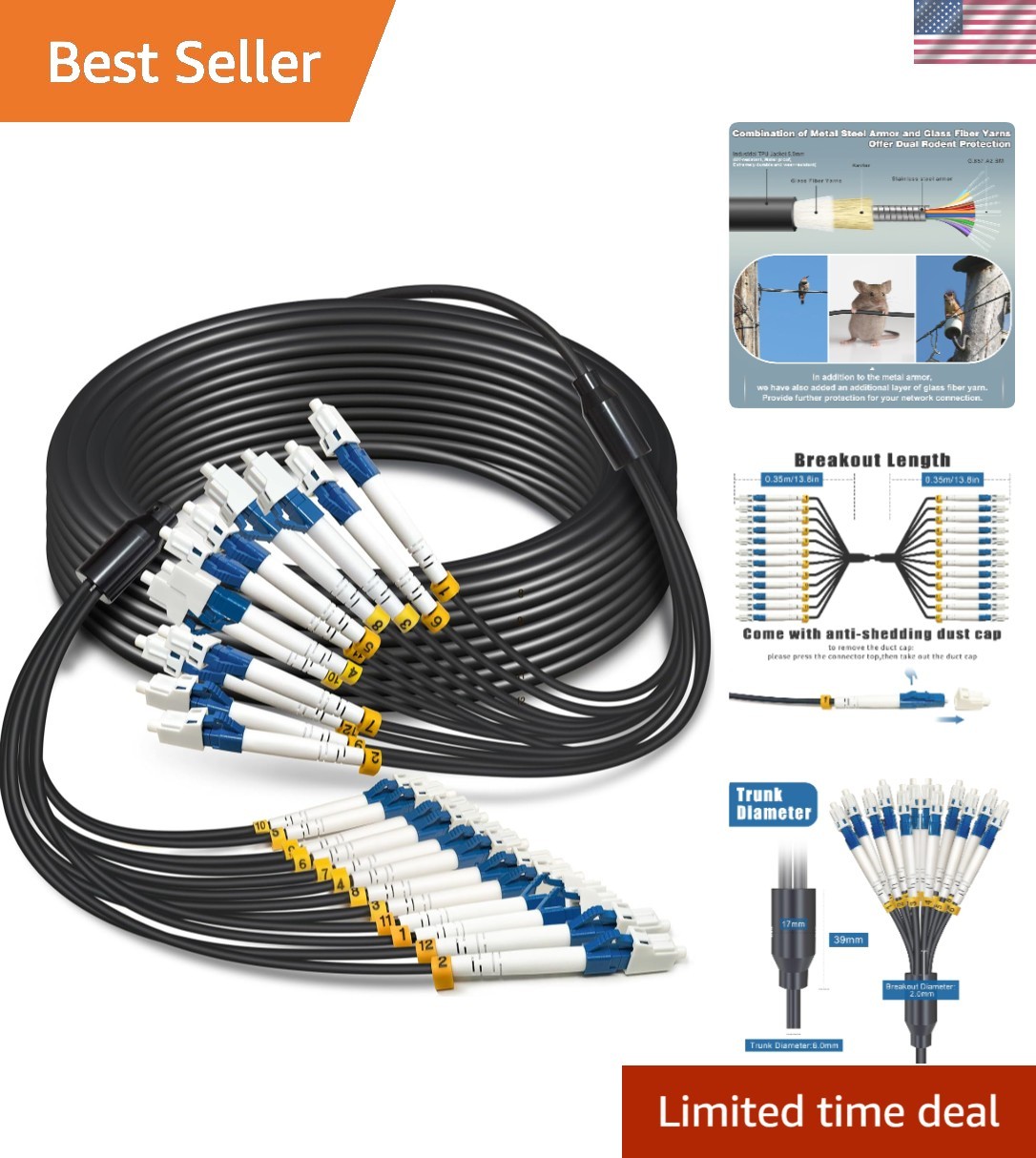 High-Performance 12 Strands OS2 LC to LC Fiber Optic Cable, 50ft TPU Jacket