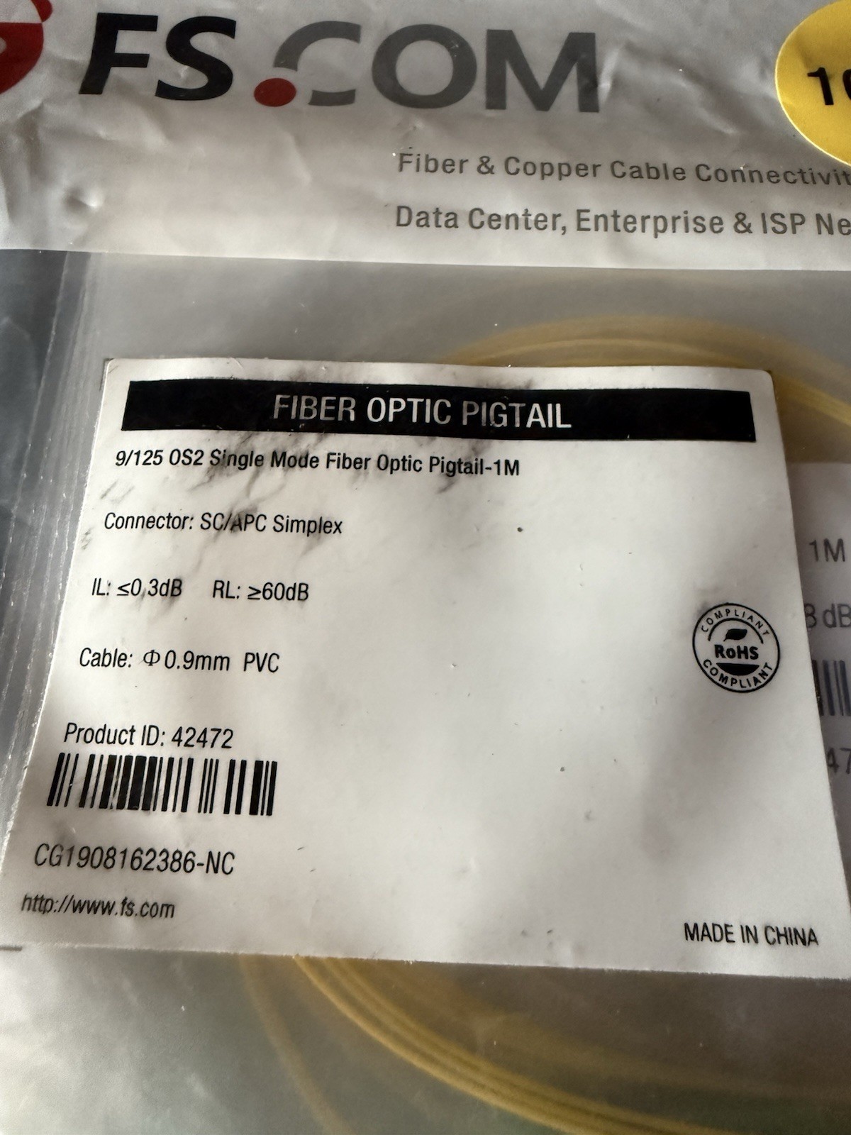 fs com 9/125 OS2 Single Mode Fiber Optic Pigtail-1M