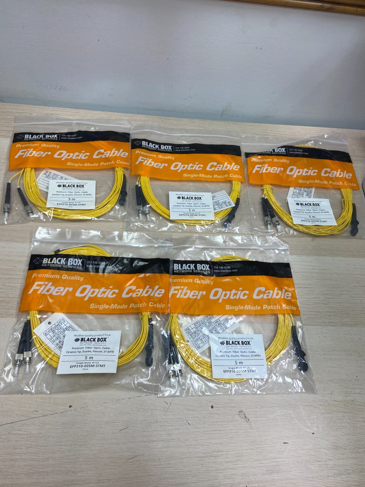 Lot of 5x Black Box EFP310-005M-STMT Ceramic Tip Fiber Optic Cables