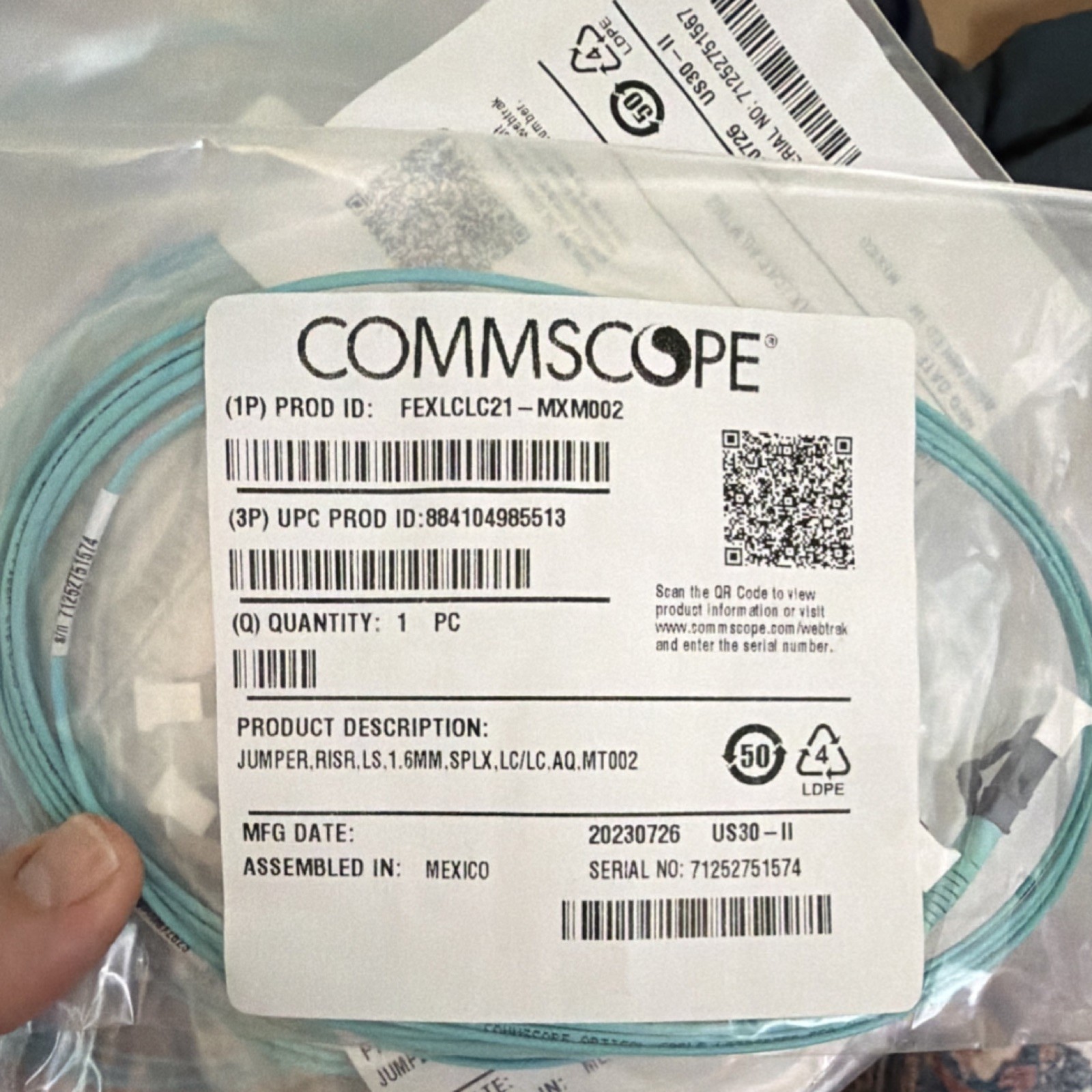 Set of 7 CommScope Simplex LC-LC Aqua Optical Fiber Cable FEXLCLC21-MXM002