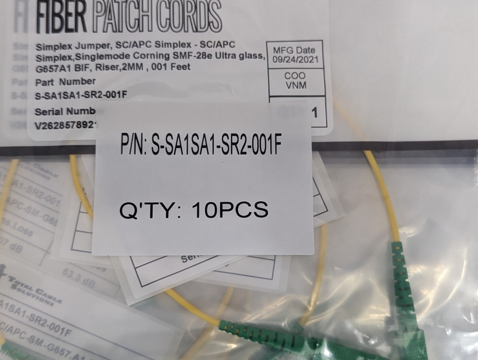 Lot of 10 Fiber Optic Jumper SC/APC to SC/APC Single Mode OS2 1FT Corning Glass