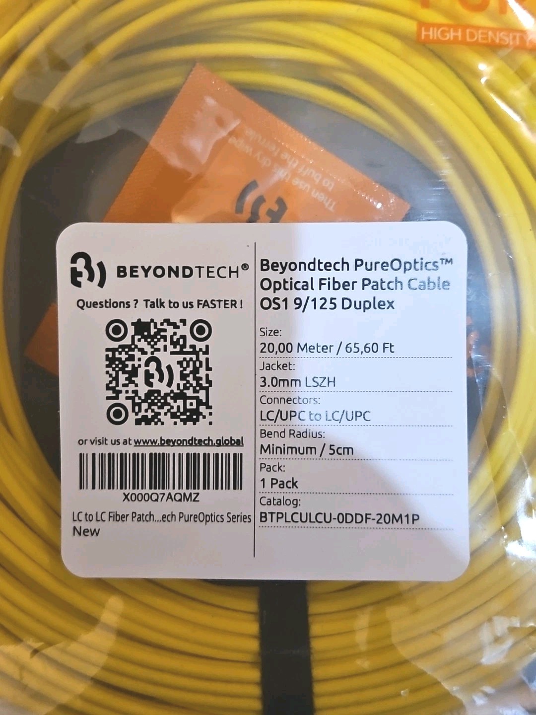 Optical Fiber Patch Cable OS1 9/125 Duplex 20M 65.6 Ft LC/UPC to LC/UPC