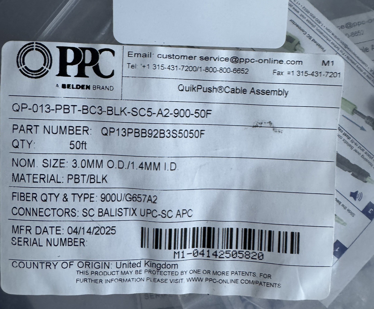 PPC Broadband QuikPush Cable Assembly 50ft Balistix (Bulk 13)