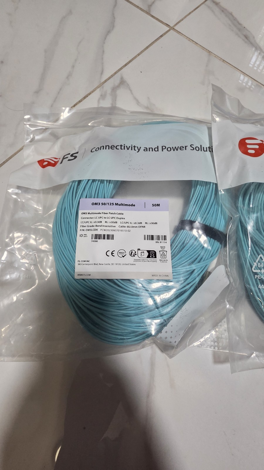 QTY 2 of FS.com OM3 50/125 Multimode Fiber Patch Cable – 50M Length – Brand New