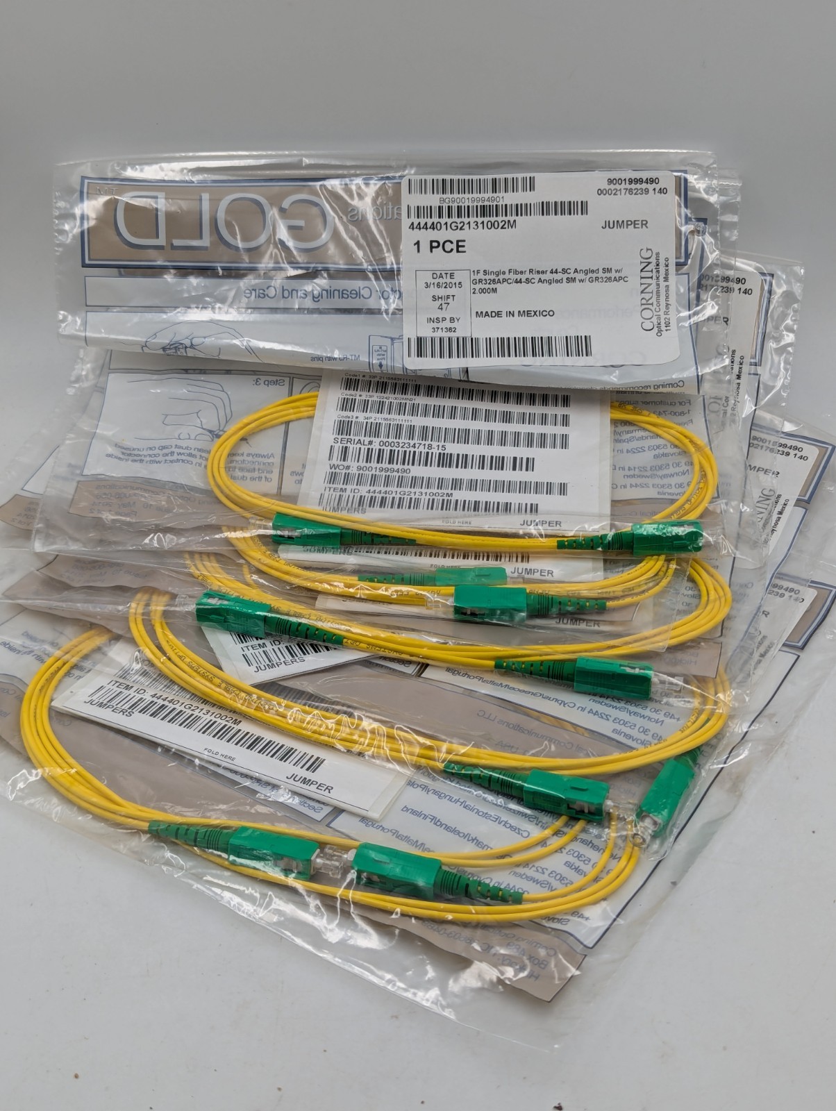 Corning Fiber Jumper Simplex Patch Cord Angled SM SC/APC Riser 2M New Lot of 5