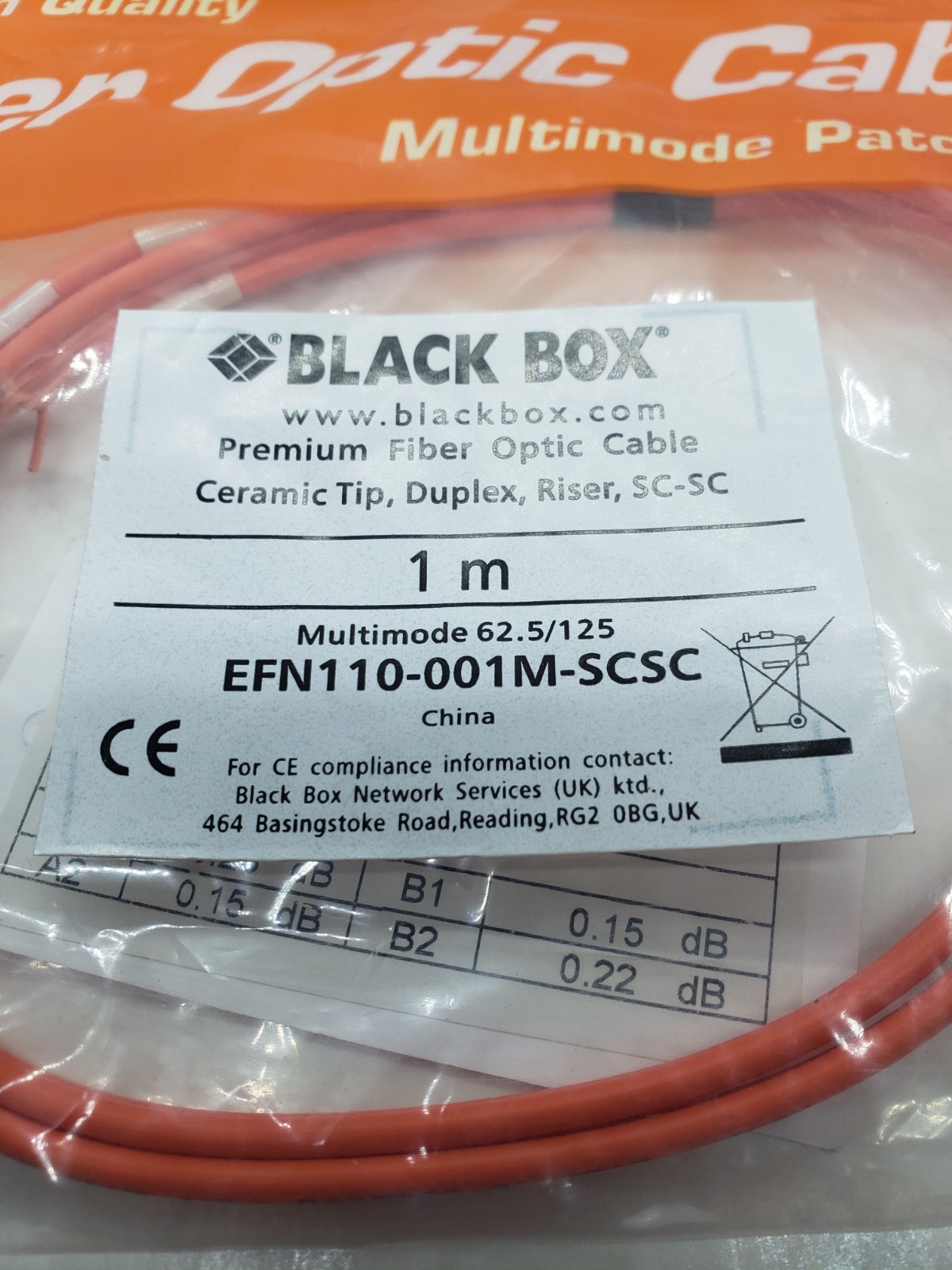 BLACK BOX EFN110-001M-SCSC FIBER OPTIC CABLE 1 METER LONG, NIB