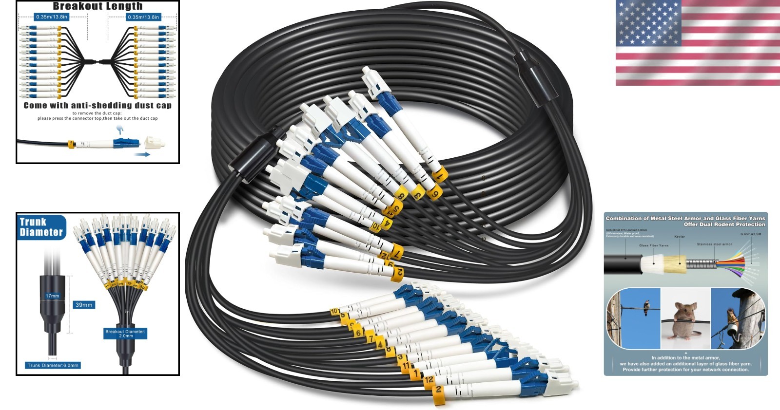 High-Performance 12 Strands OS2 LC to LC Fiber Optic Cable, 50ft TPU Jacket