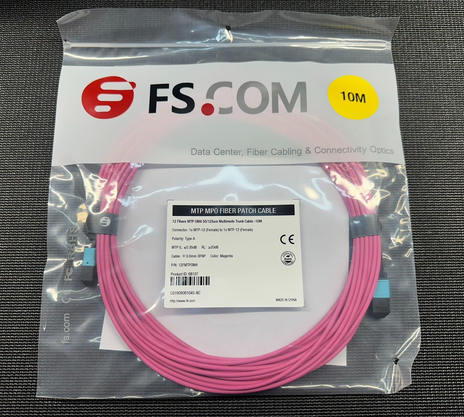 FS 10M MTP-12 Female – MTP-12 Female OM4 Multimode Trunk Cable 12 Fibers