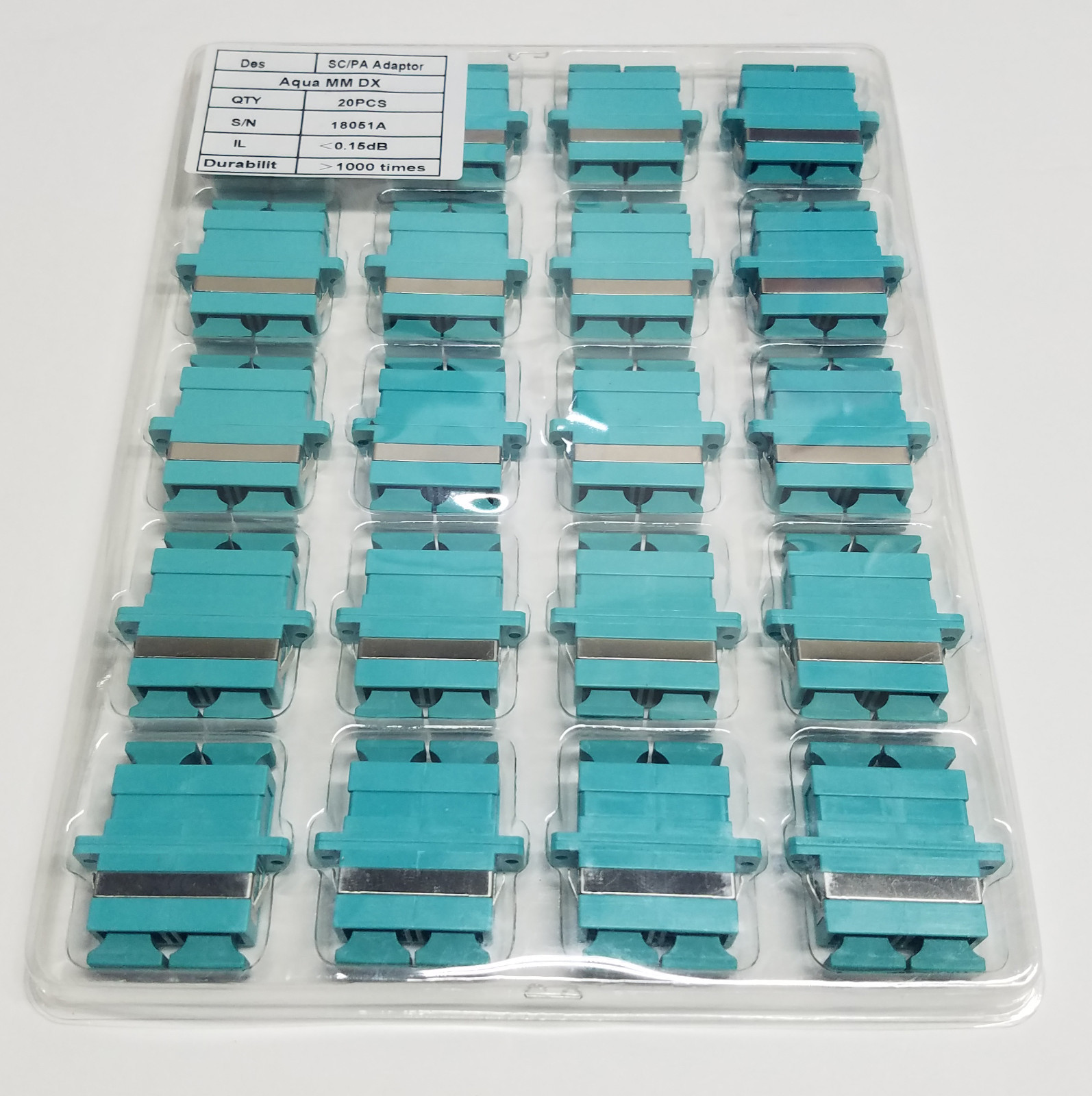 20 Piece Sheet SC/Duplex 50/125 OM3 (Aqua) Adapters, Ceramic Sleeves & Dustcaps