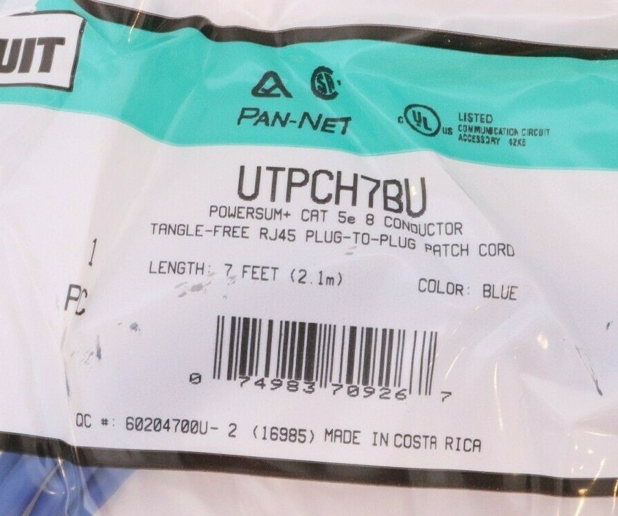 Lot of 10 Panduit Pan-Net UTPCH7BU POWERSUM+ CAT 5e 8 Conductor 7 ft Patch Cords