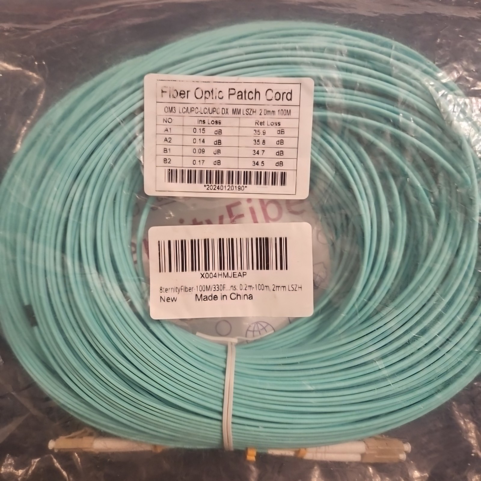 100M (330ft) OM3 LC to LC Fiber Optic Patch Cable Multimode Duplex 50/125um