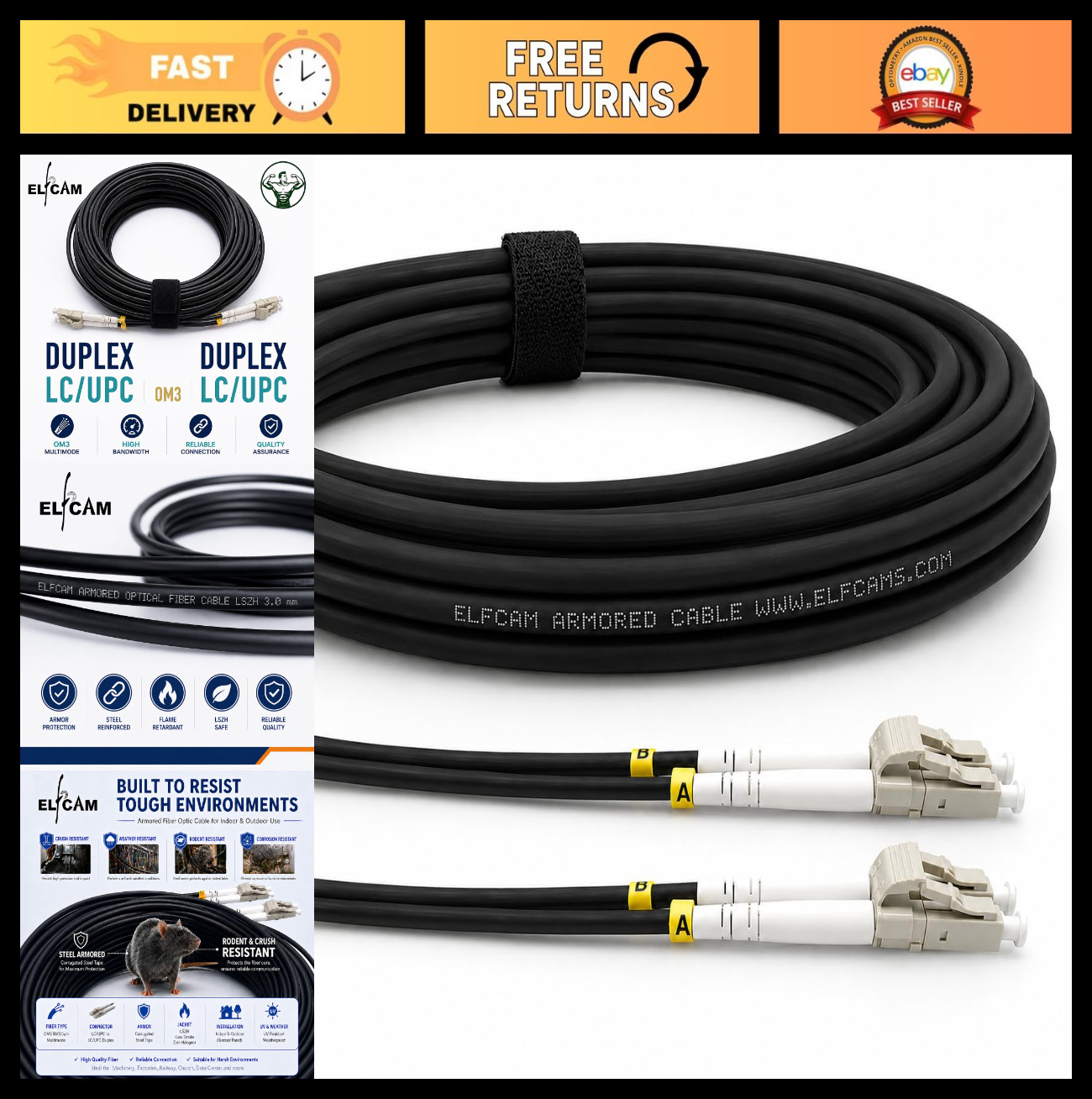 20m Armored Fiber Optic Cable LC/UPC to LC/UPC OM3 Duplex 50/125μm Indoor/Outdoo